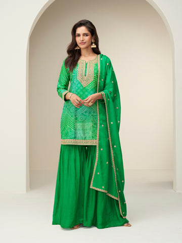 Green chinnon silk sharara suit with embroidered kurti
