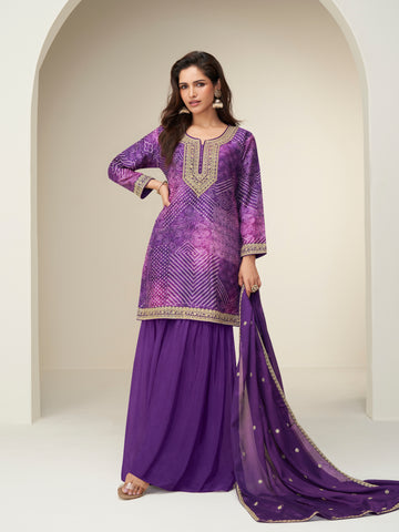 Purple chinnon silk sharara suit with mirror neckline