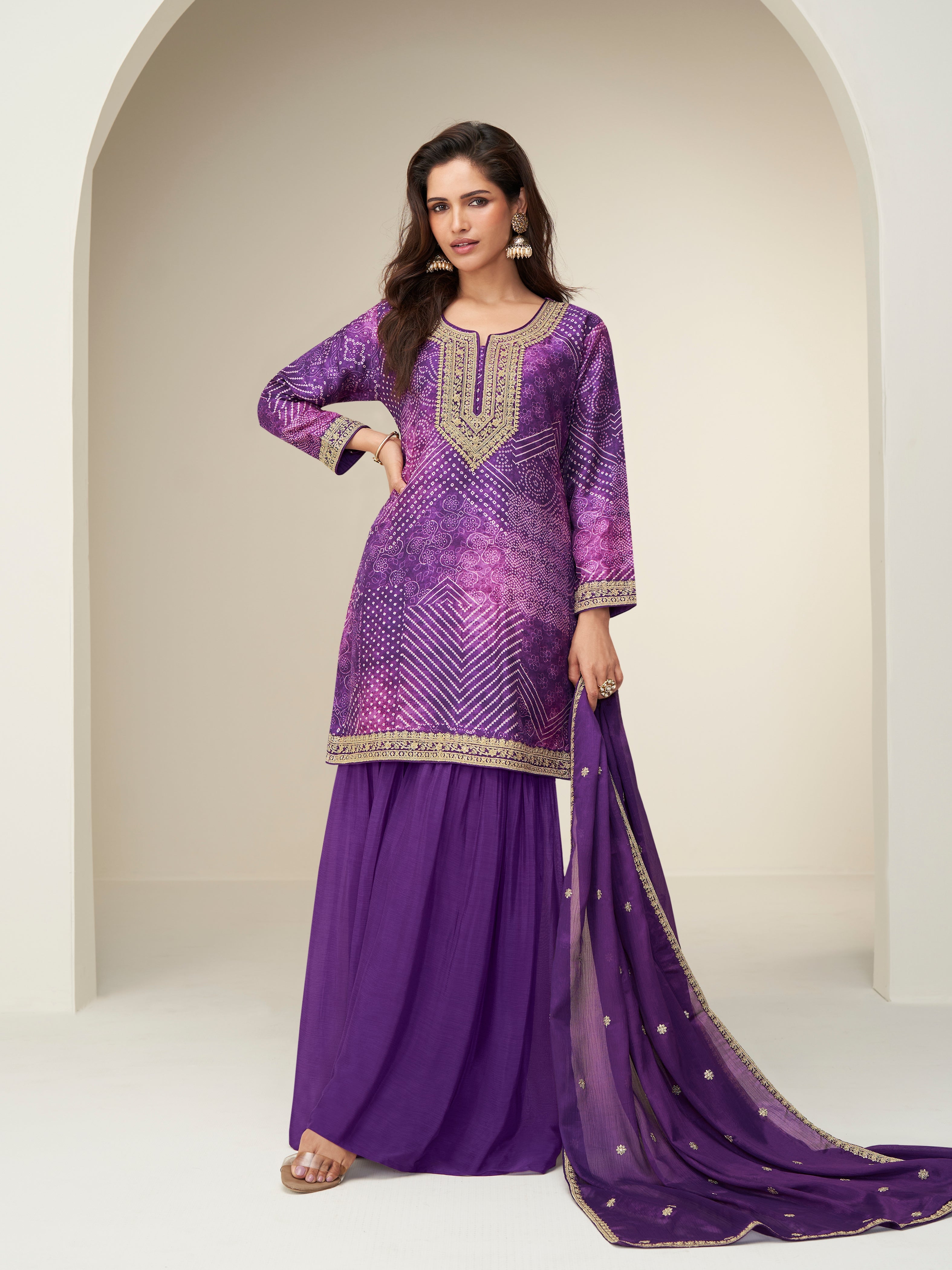 Purple chinnon silk sharara suit with mirror neckline