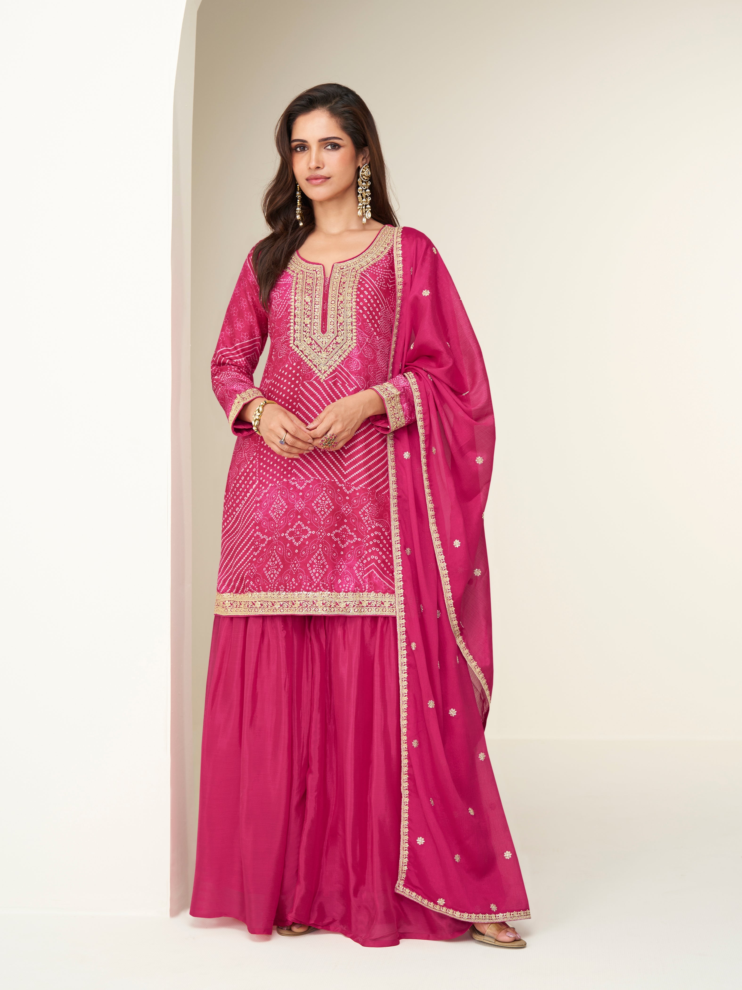 Rani pink chinnon silk sharara suit with embroidery