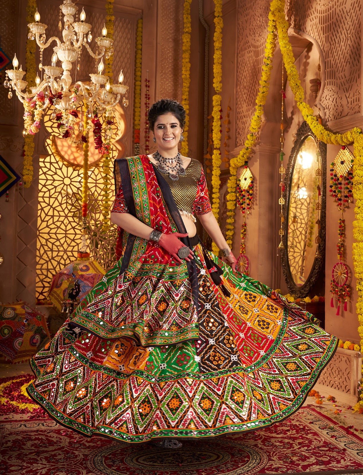 Multi-color organic cotton Navratri lehenga