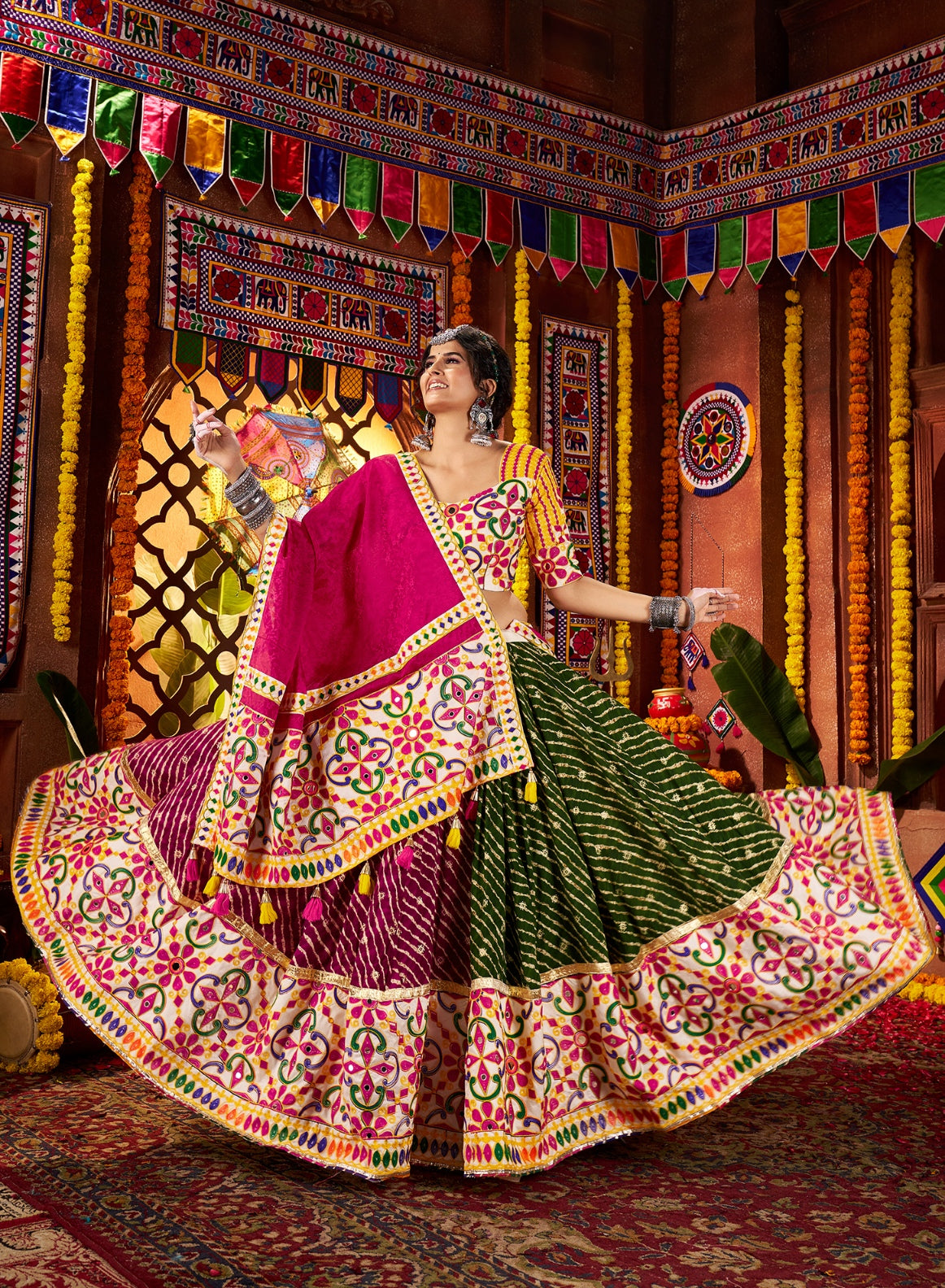 Multi color Navratri lehenga choli with mirror embroidery