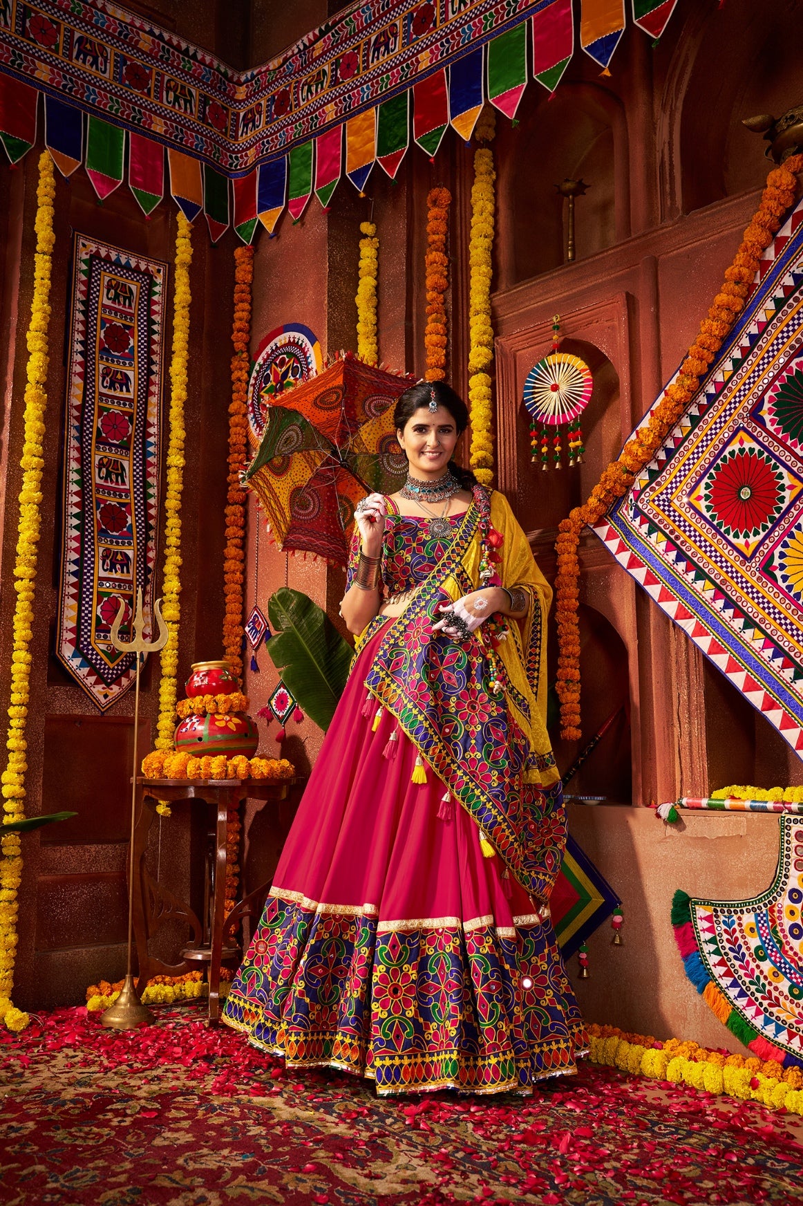 Pink multicolor mirror work Navratri chaniya choli