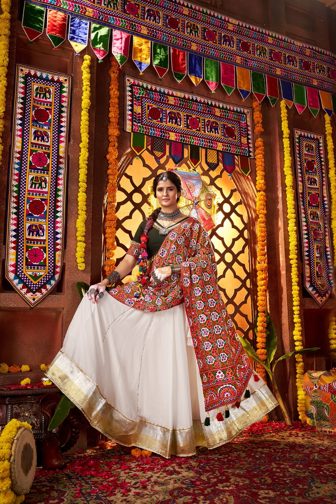 Mirror embroidered red dupatta