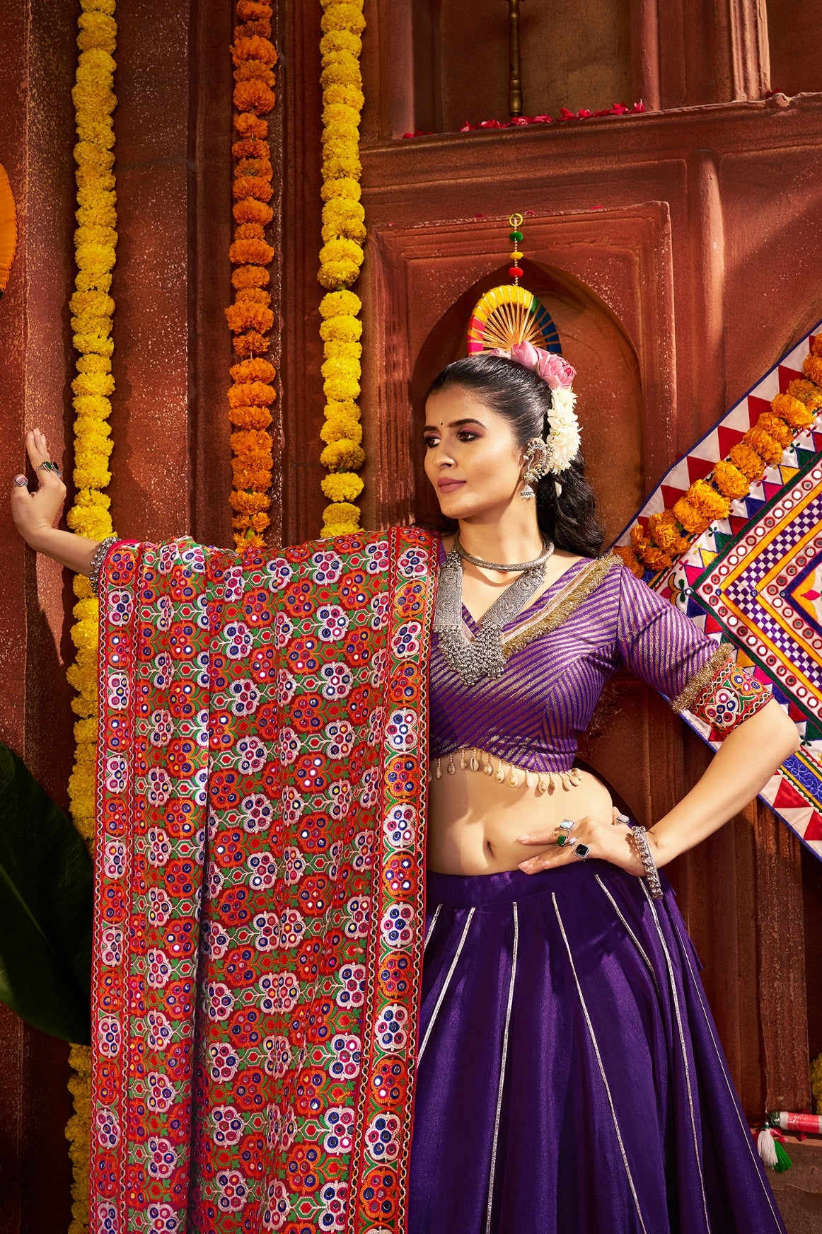 Jacquard silk choli with sleeve embroidery