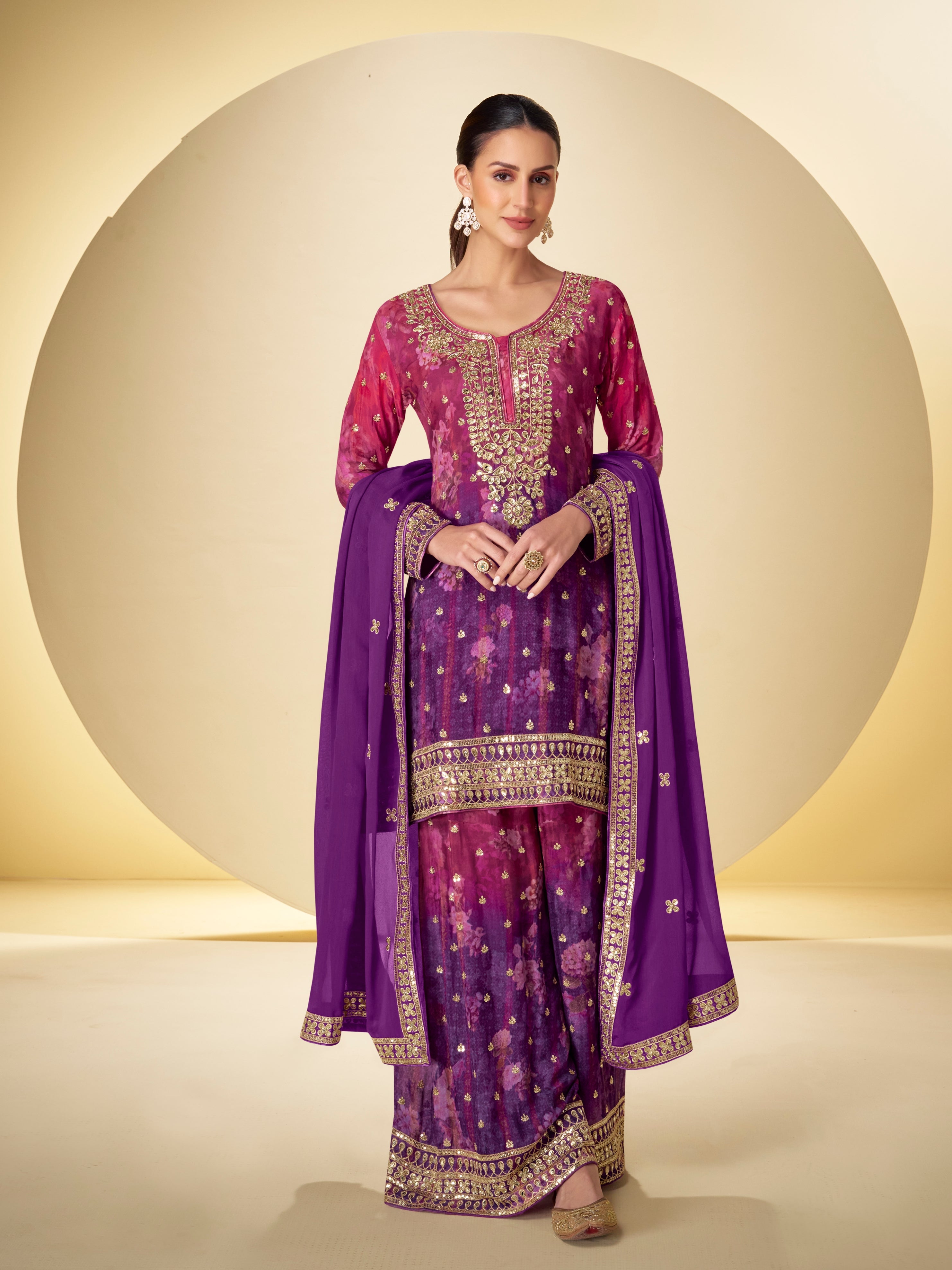 Purple embroidered chinon sharara suit with dupatta