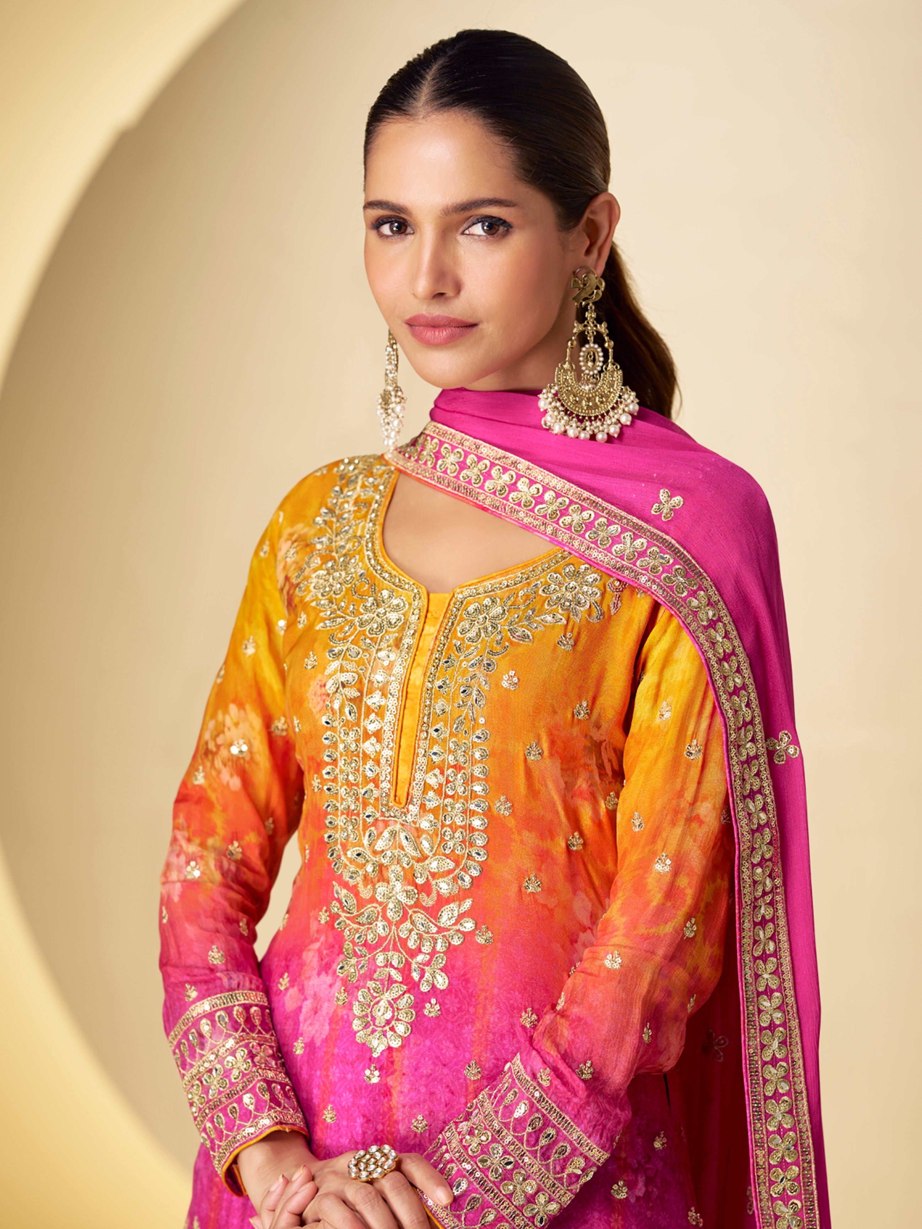 Pink-orange designer wedding sharara set for women