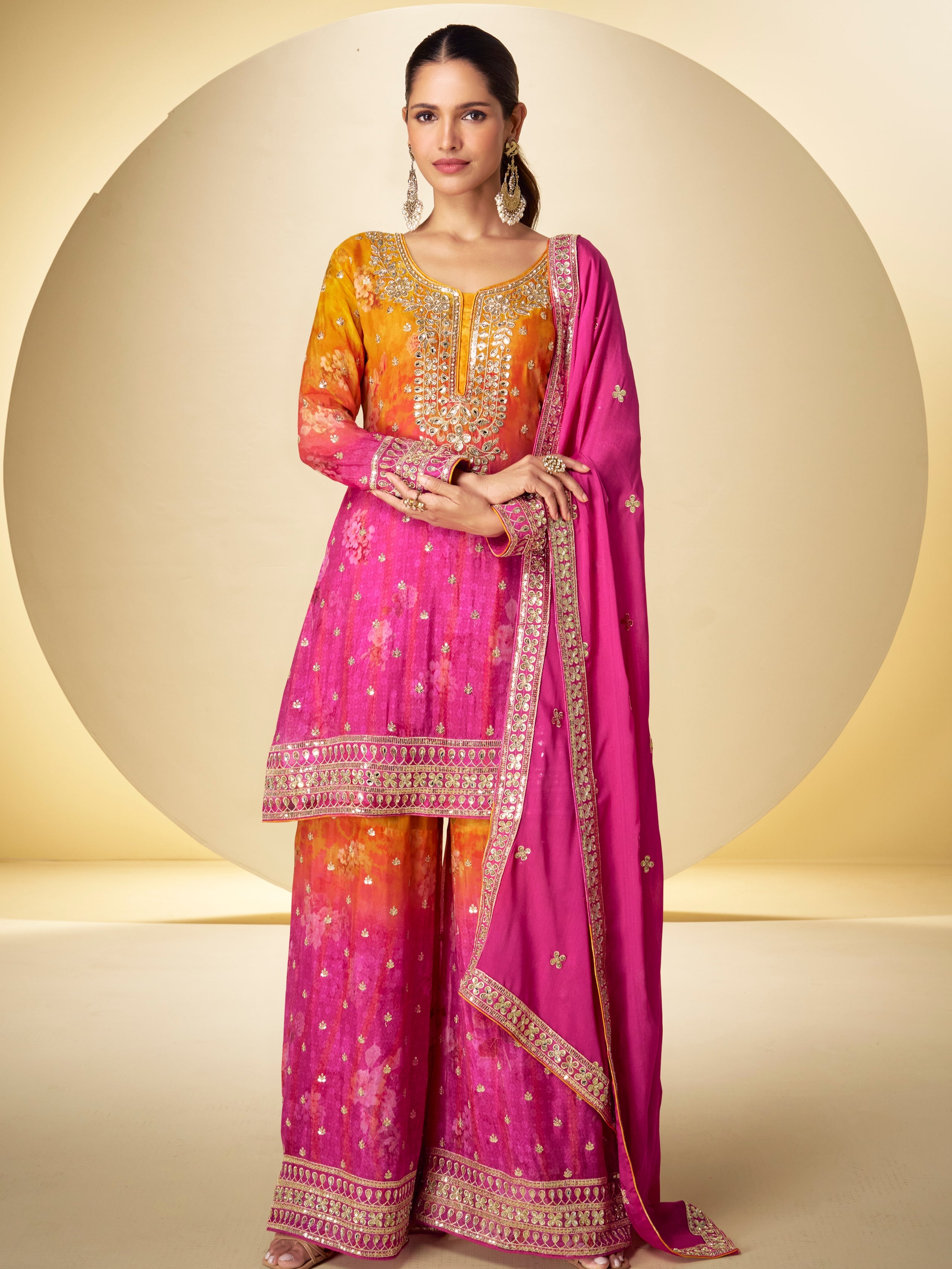 Pink orange chinon embroidered sharara suit with dupatta