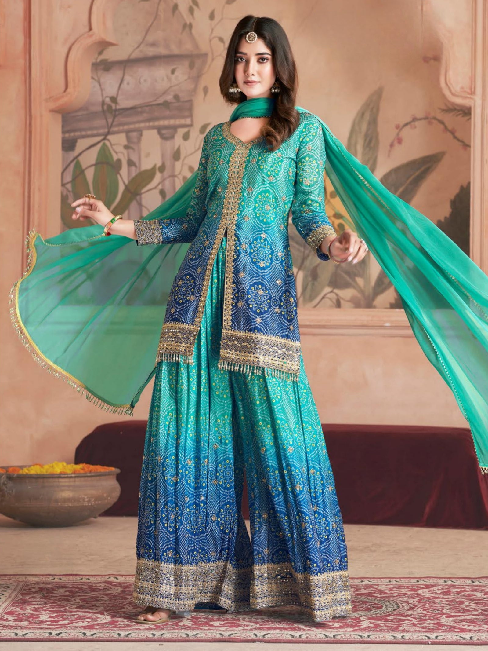 Peacock Blue Bandhani Chinnon Silk Sharara Suit with Mirror Work for Festive Wear
