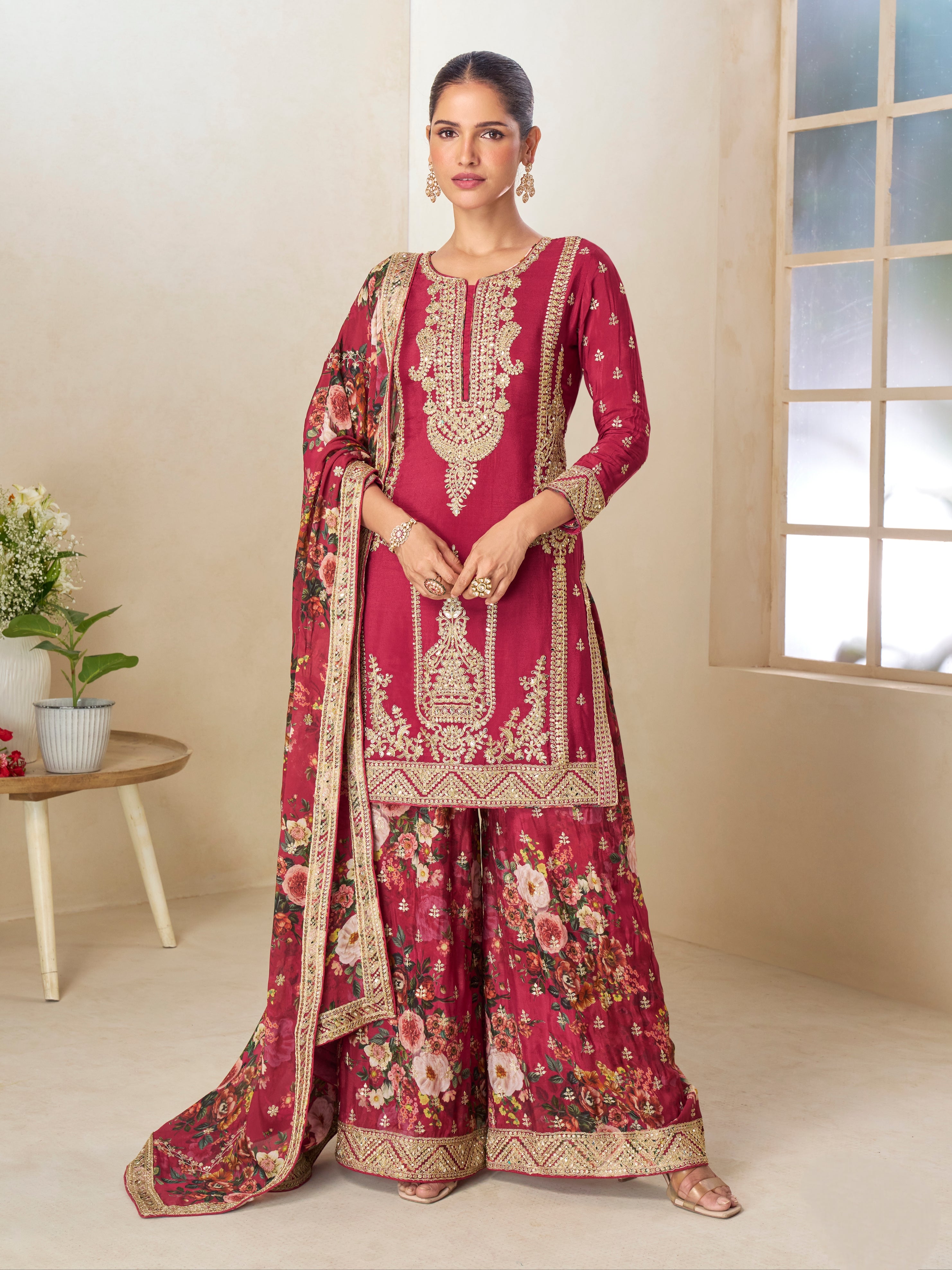 Maroon Floral Digital Print Chinnon Silk Sharara Suit Set for Party Wear