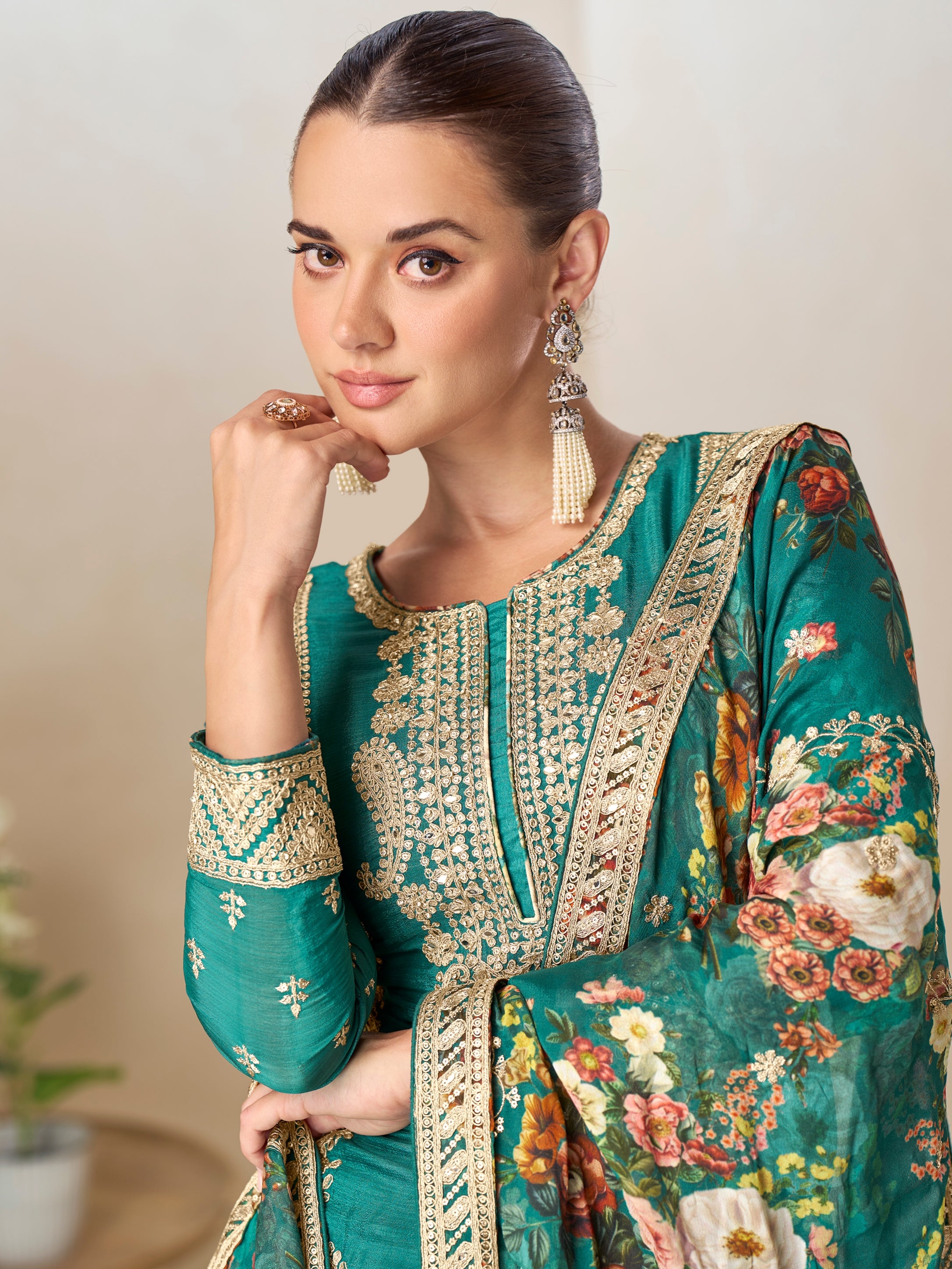 Stylish Wedding Guest Sharara Suit in Teal Green with All-over Floral Print