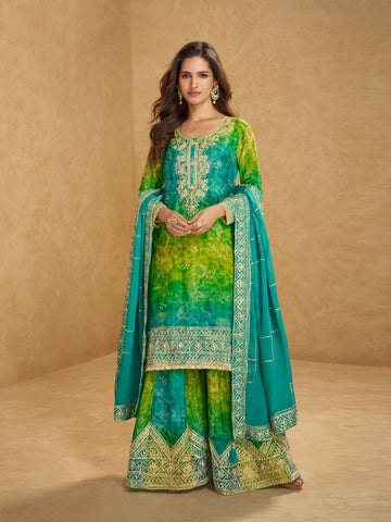 Teal Green & Lime Yellow Chinnon Silk Embroidered Sharara Suit Set for Festive Wear