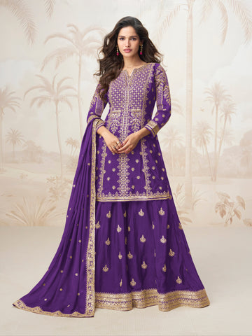 Royal Purple Embroidered Chinnon Silk Sharara Suit Set for Wedding Functions