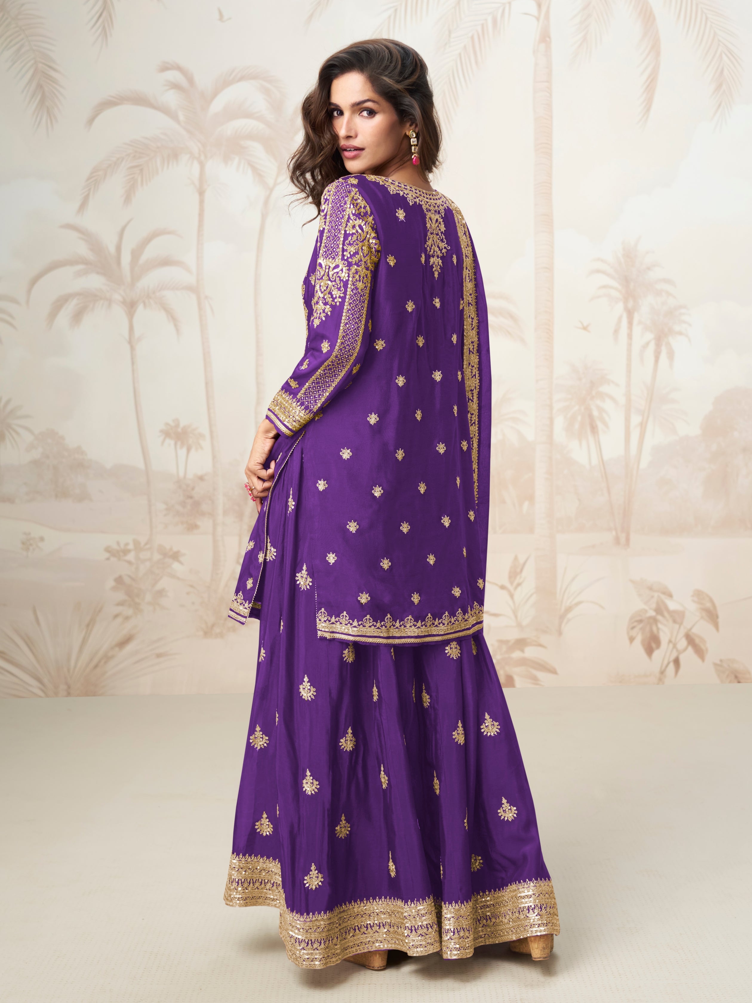 Front & Back Embroidered Chinnon Silk Sharara Dress in Royal Purple