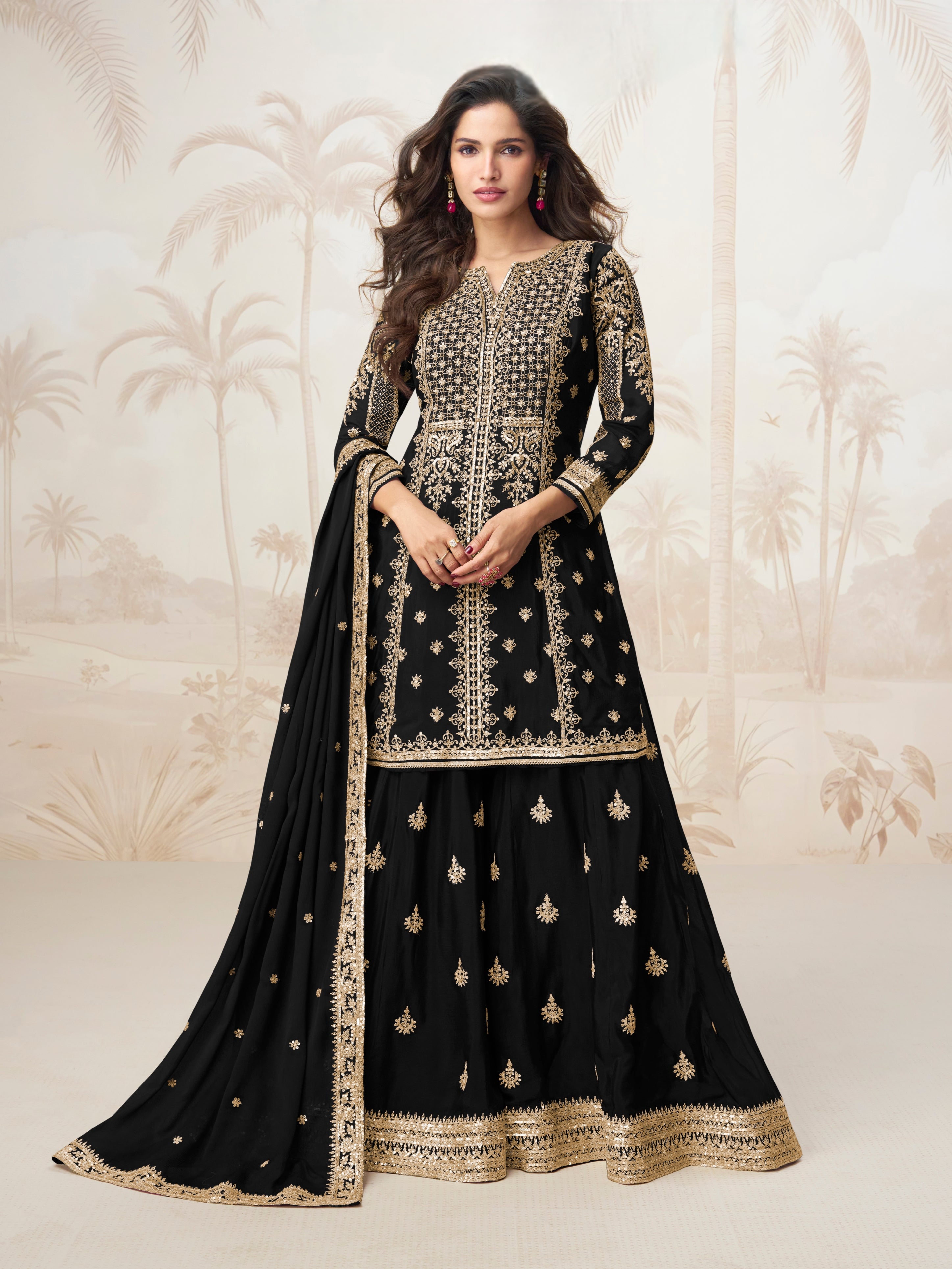 Classic Black Embroidered Chinnon Silk Sharara Suit Set for Wedding Functions