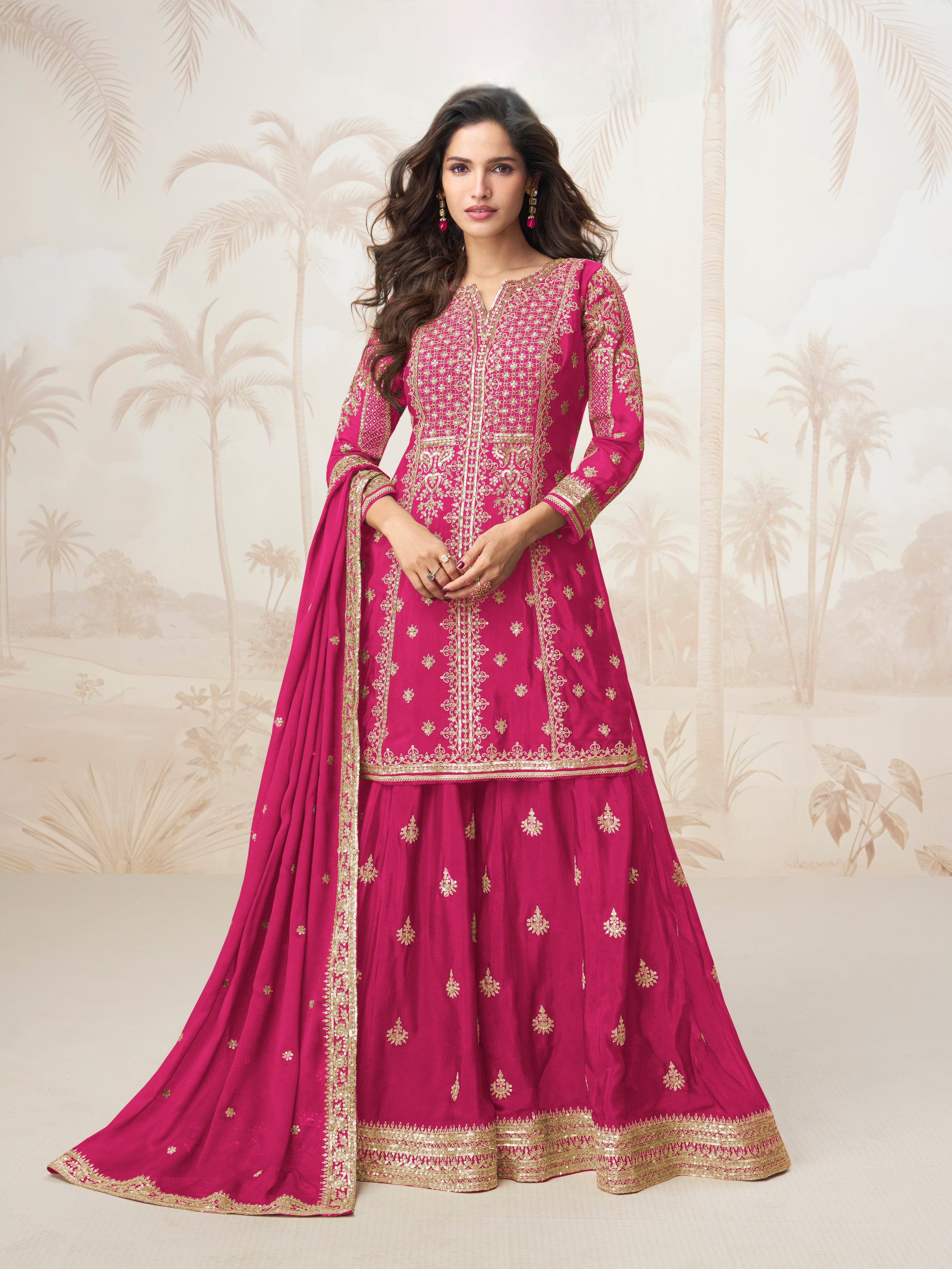 Rani Pink Embroidered Chinnon Silk Sharara Suit Set for Wedding Functions
