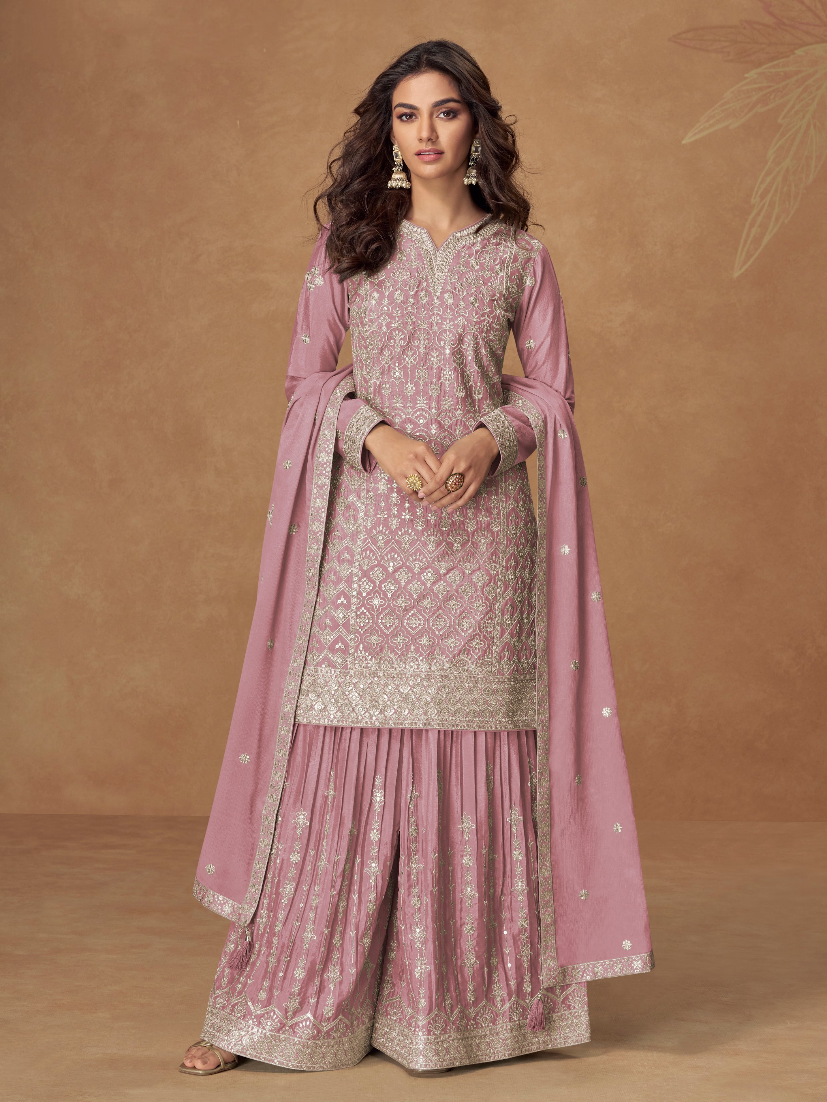 Blush pink embroidered chinnon silk sharara suit set with dupatta