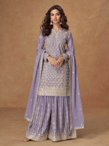 Lavender purple embroidered chinnon silk sharara suit set with dupatta