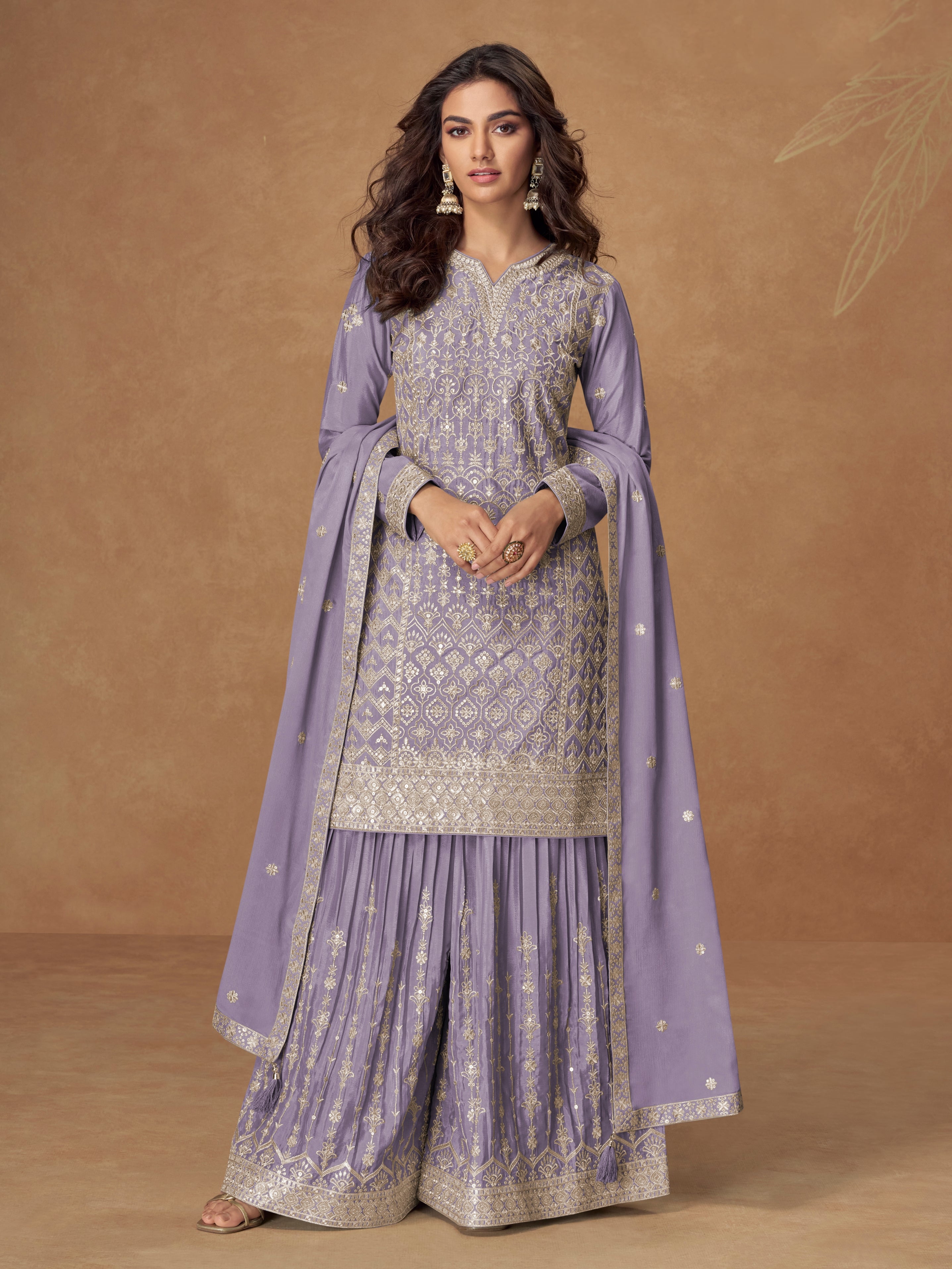 Lavender purple embroidered chinnon silk sharara suit set with dupatta