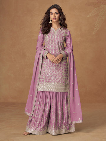 Mauve pink embroidered chinnon silk sharara suit set with dupatta