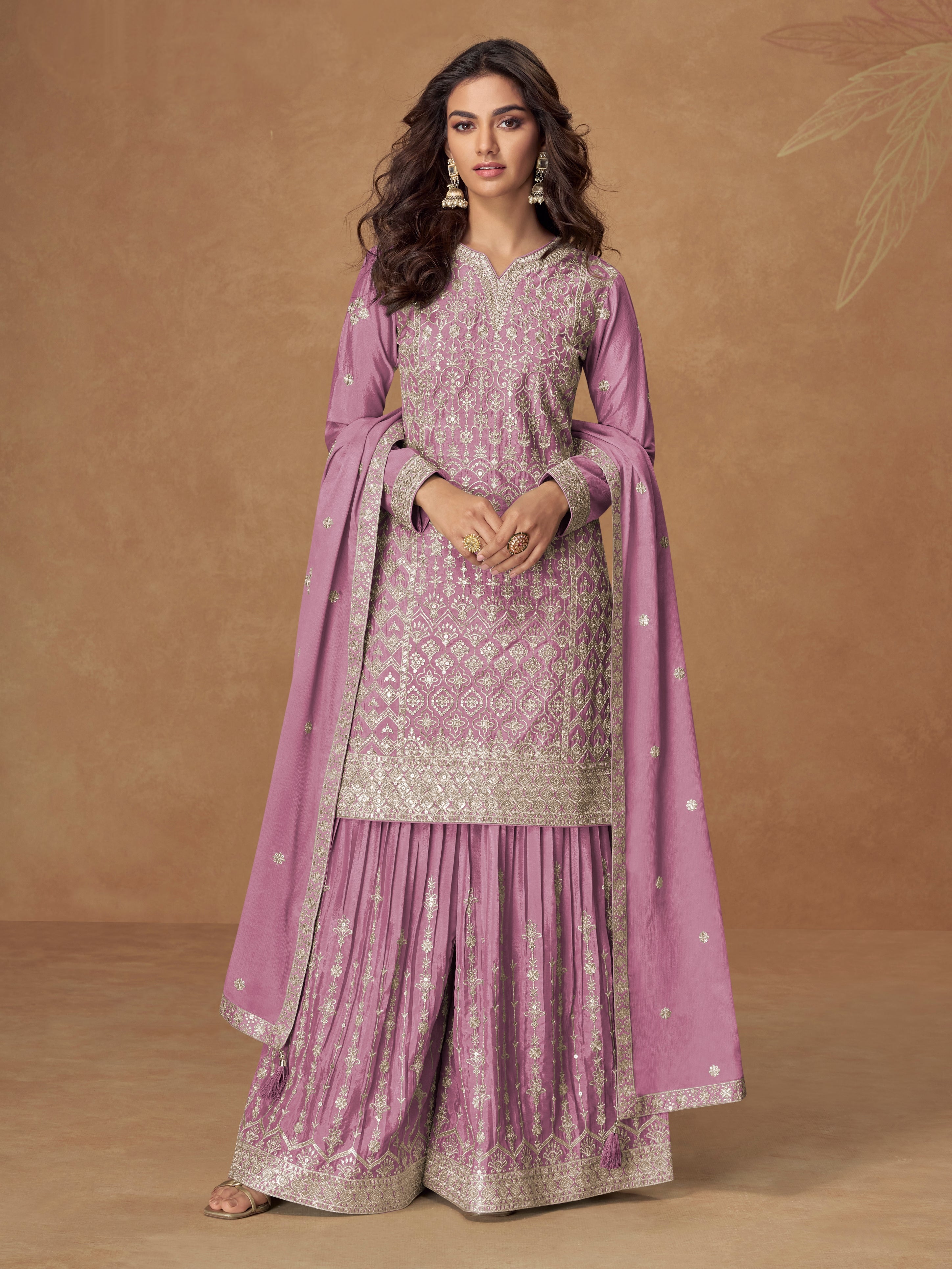 Mauve pink embroidered chinnon silk sharara suit set with dupatta