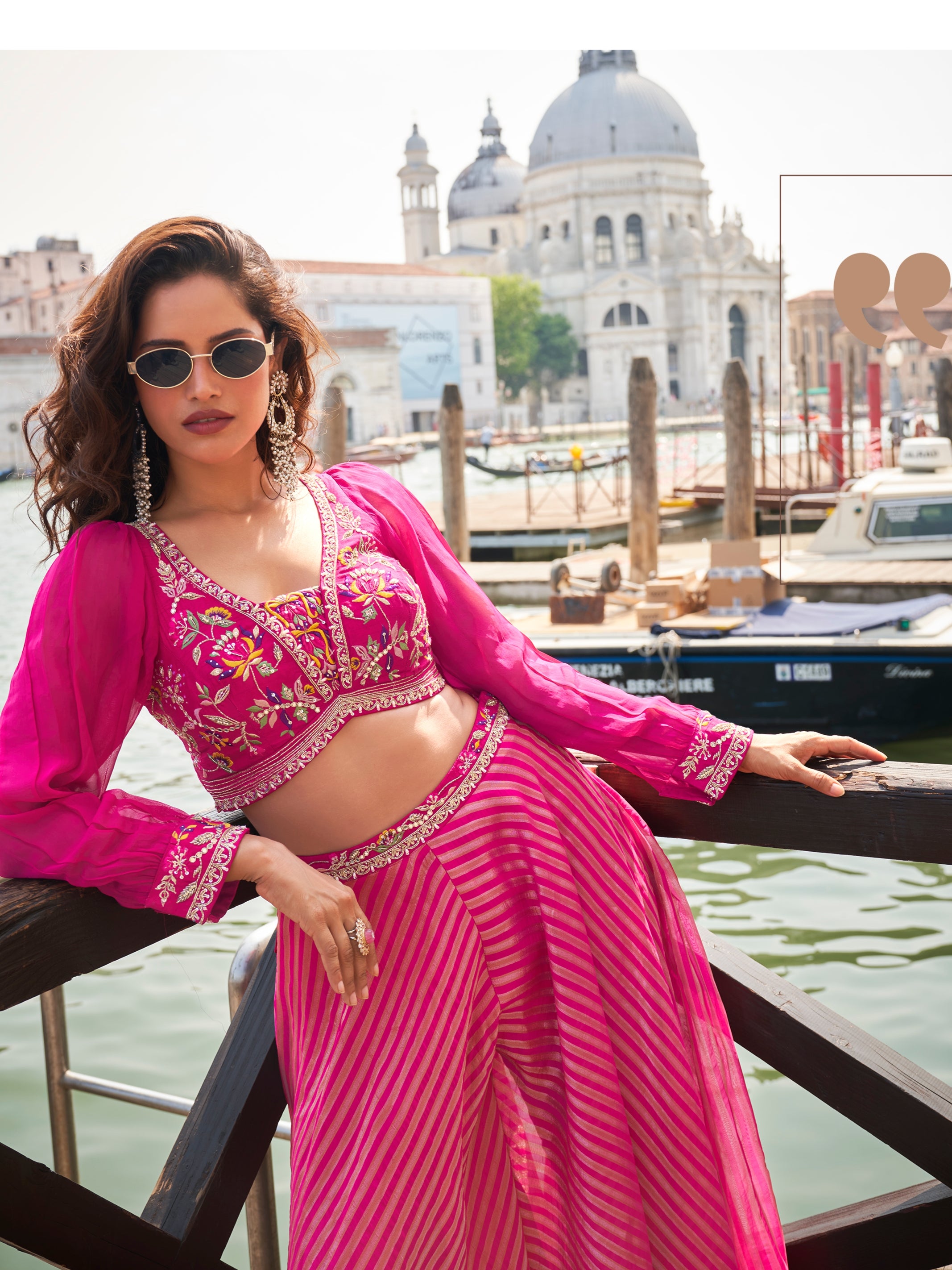 Hot Pink Crop Top Palazzo Set with Embroidered Silk Blouse