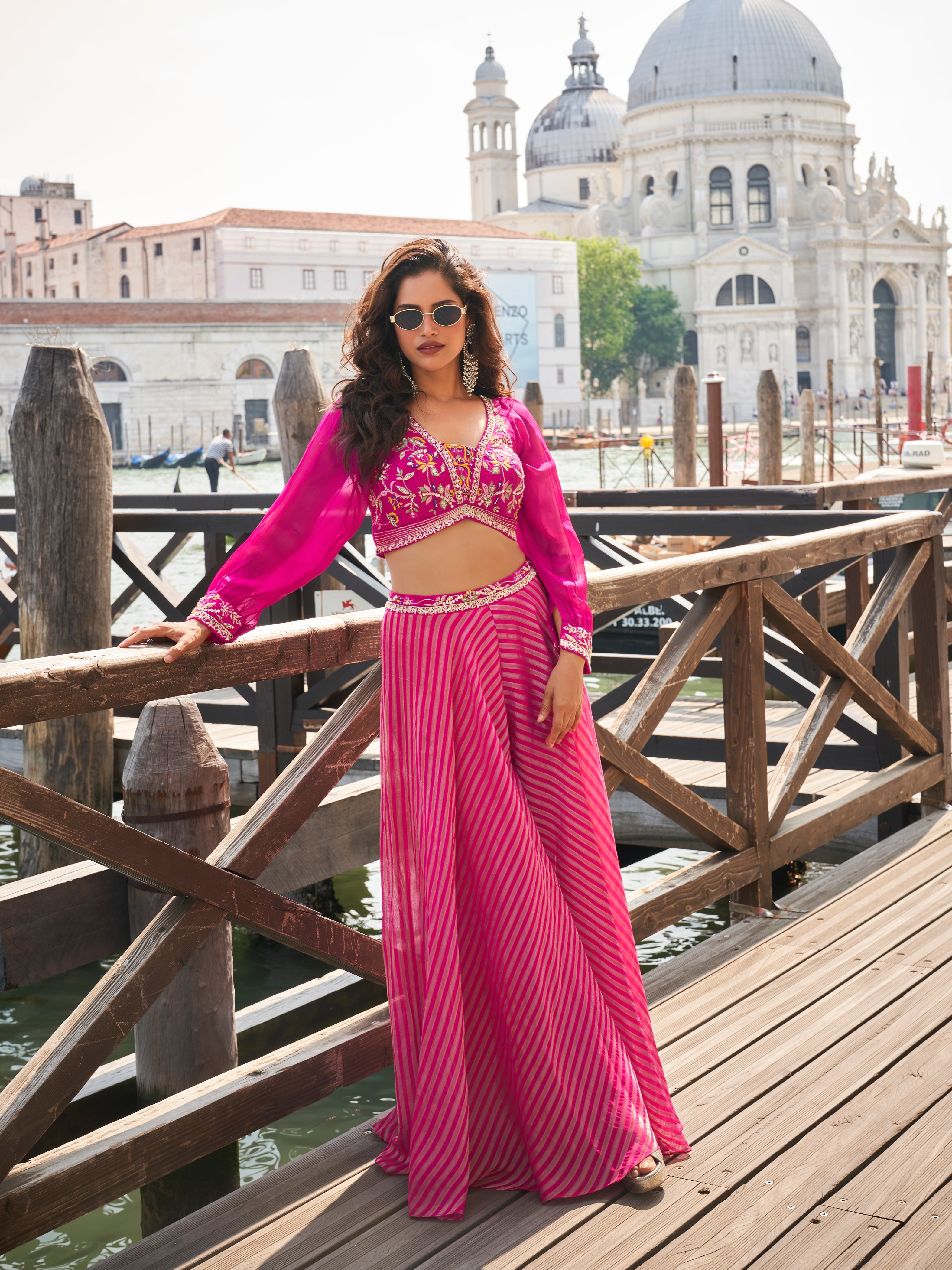Hot Pink Crop Top Palazzo Set with Embroidered Silk Blouse