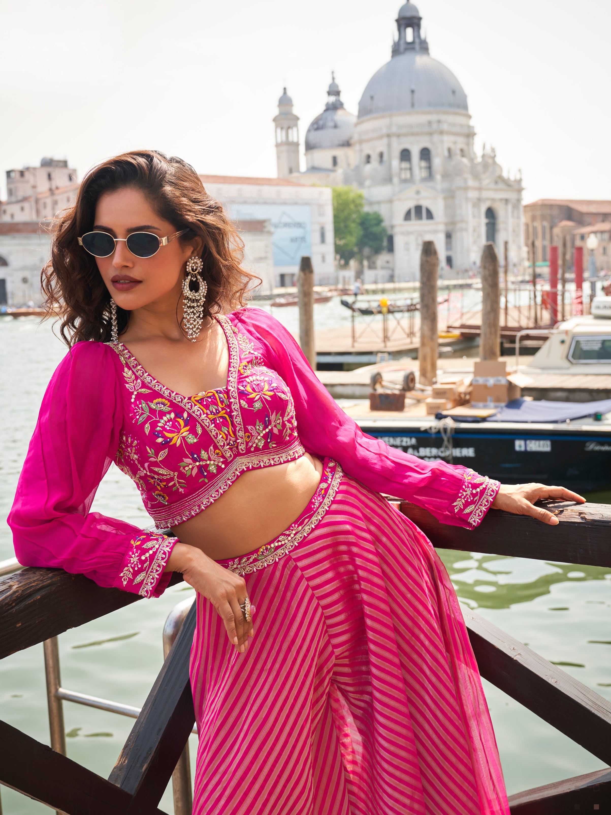 Hot Pink Crop Top Palazzo Set with Embroidered Silk Blouse