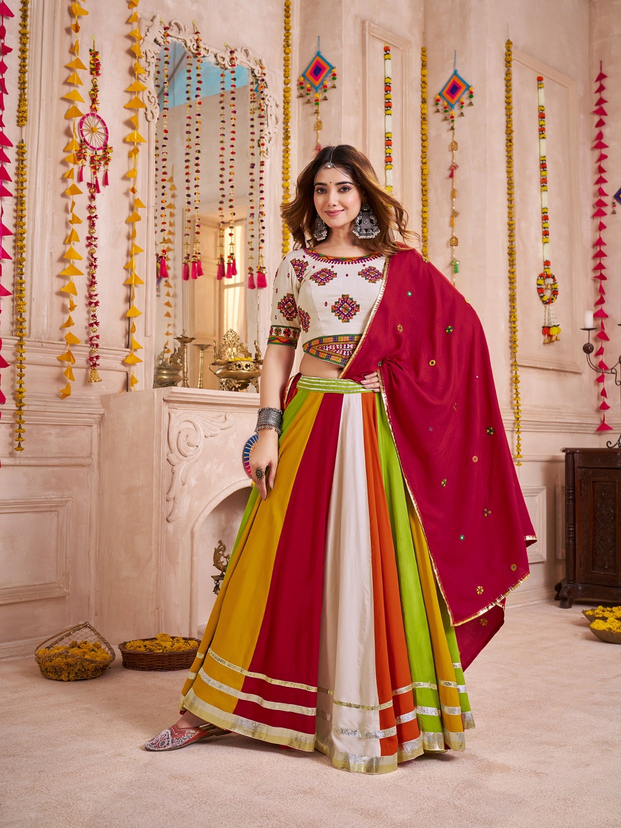 White Multicolor Navratri Chaniya Choli with Mirror Embroidery