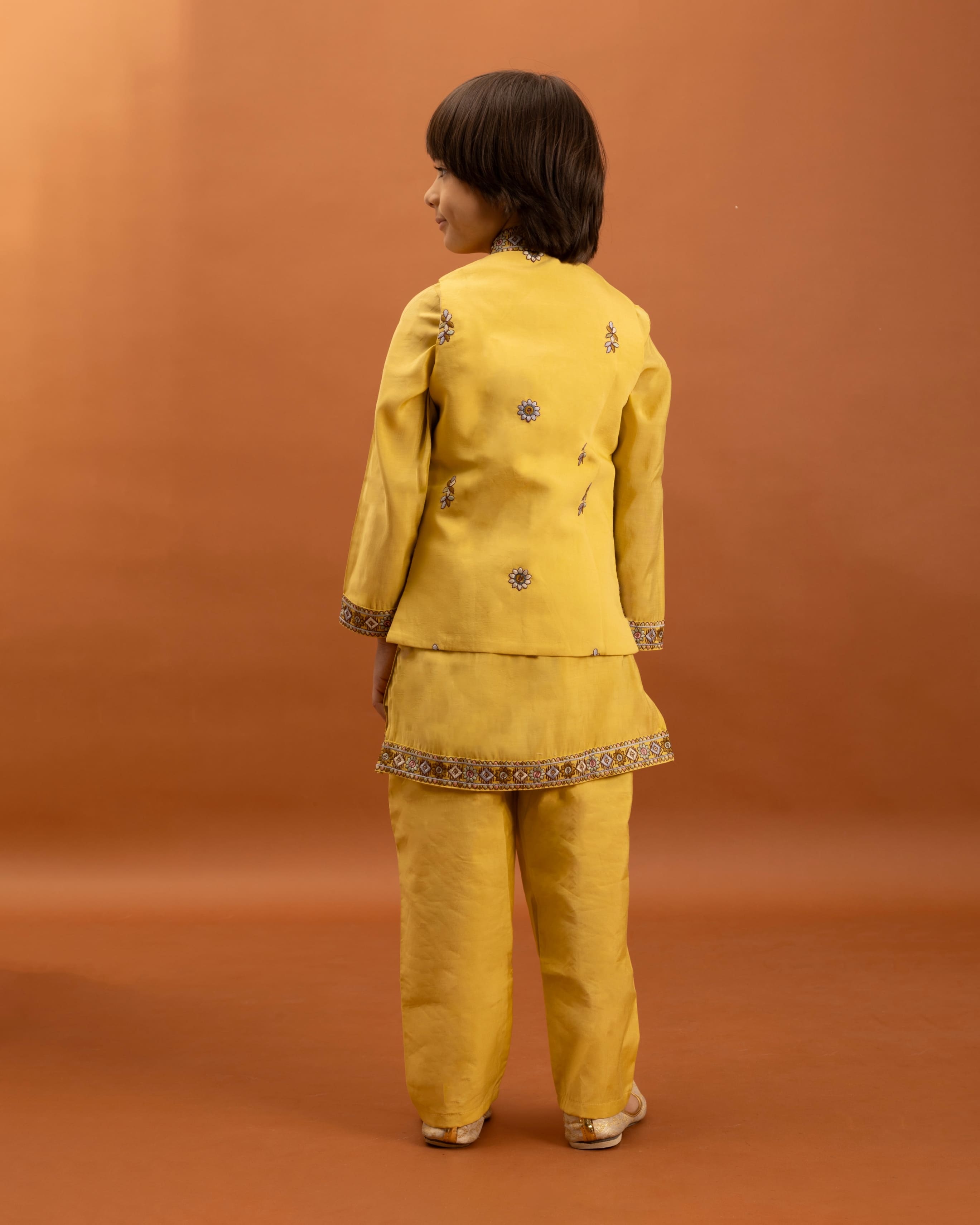 Yellow Kids Kurta Set with Embroidered Koti & Pant