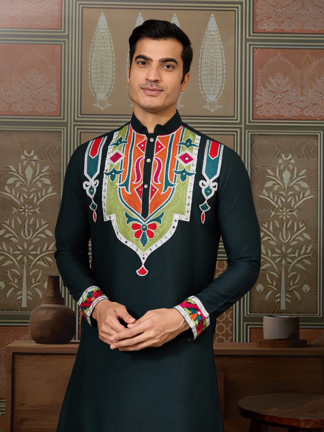 Green Cotton Rajwadi Kurta for Men