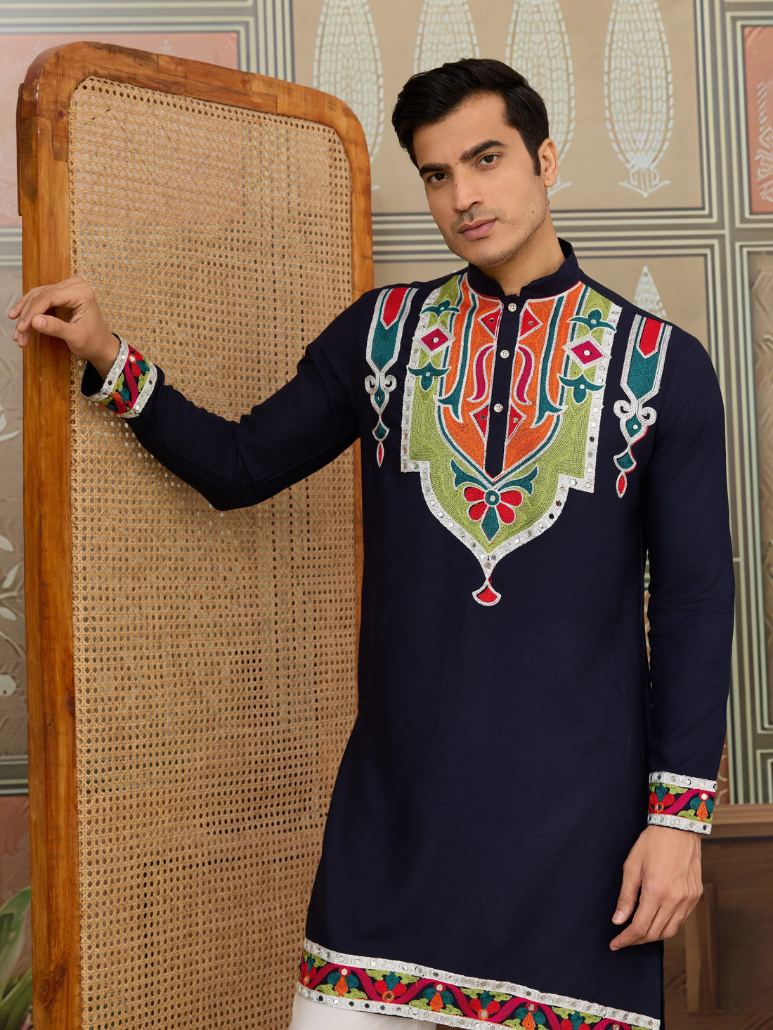 Navy Blue Rajwadi Kurta for Men