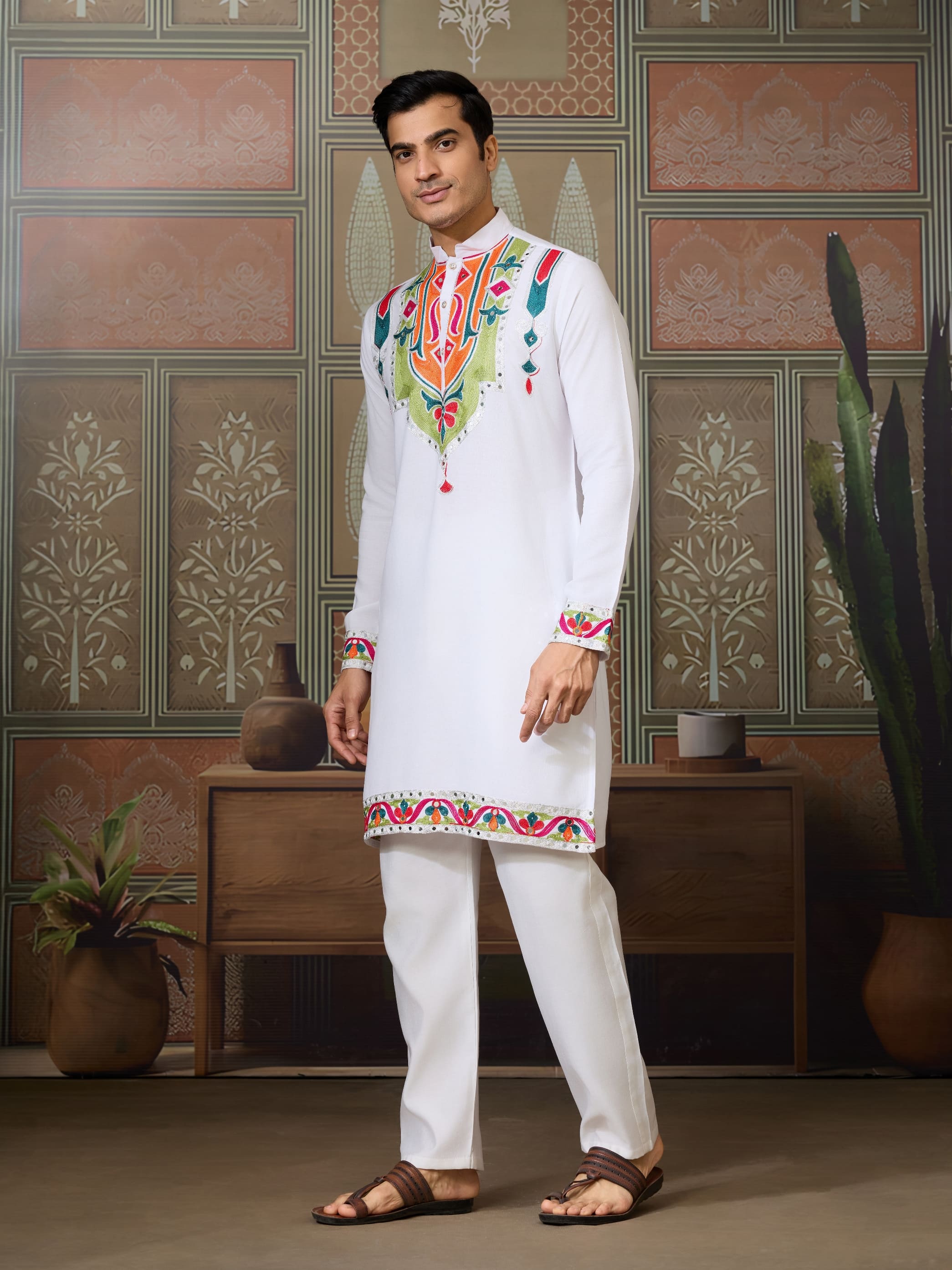White Cotton Rajwadi Kurta for Men
