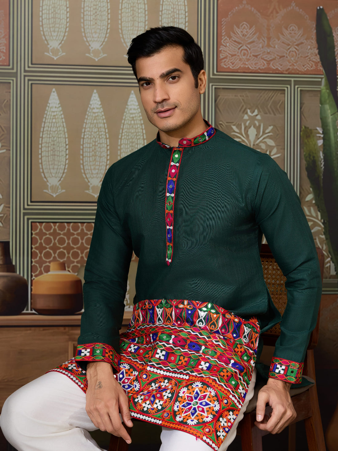 Green Cotton Silk Navratri Kurta with Mirror & Embroidery for Men