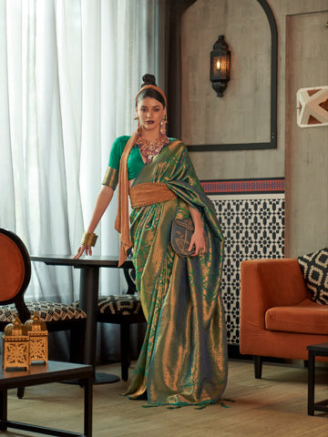 Green two tone handloom silk saree with golden zari work