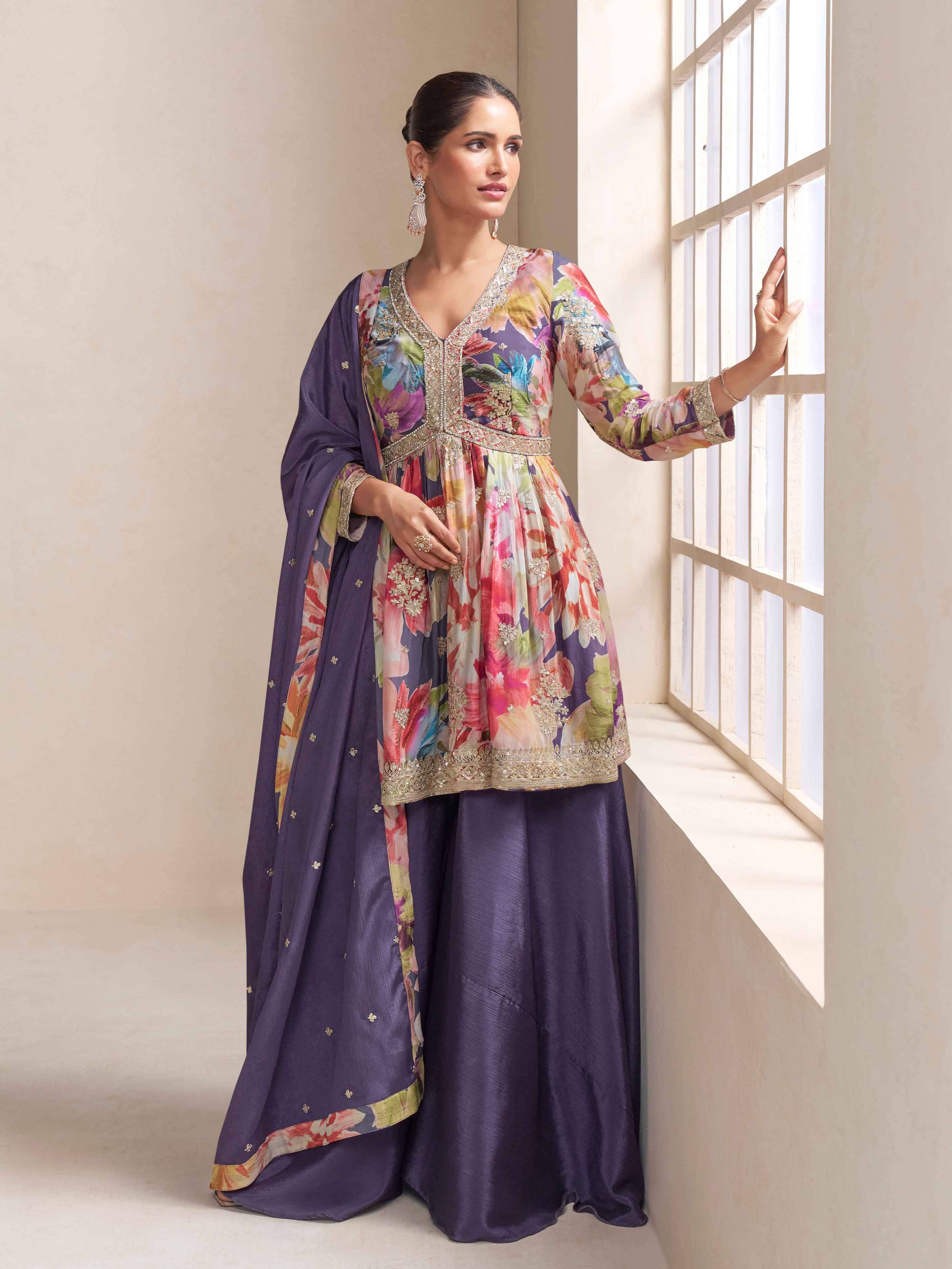 Real chinon purple palazzo suit front and back embroidery