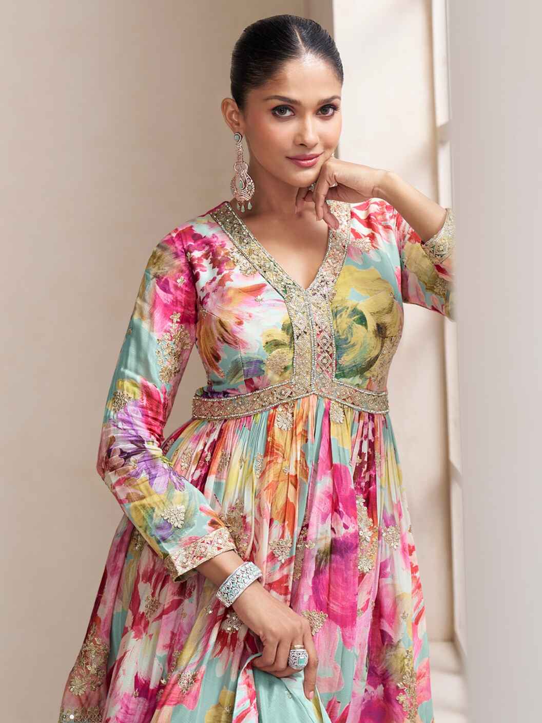 Real chinon embroidered palazzo suit with dupatta