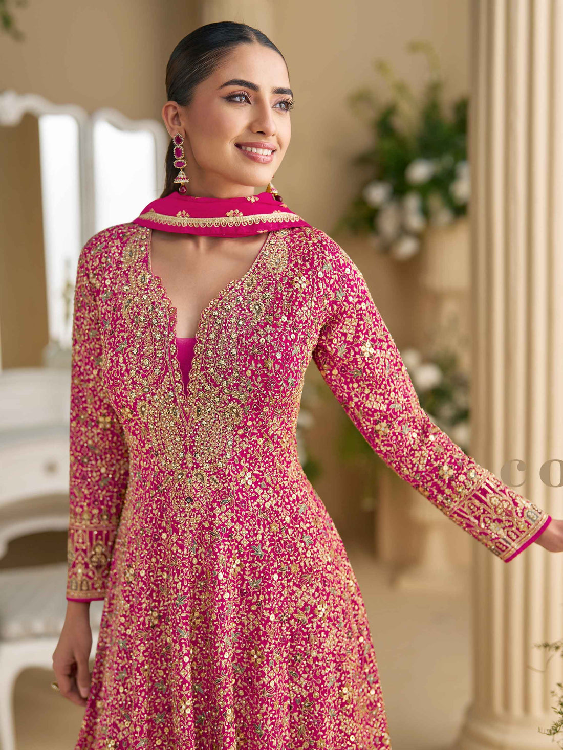 Magenta Heavy Embroidered Georgette Anarkali Gown with Dupatta