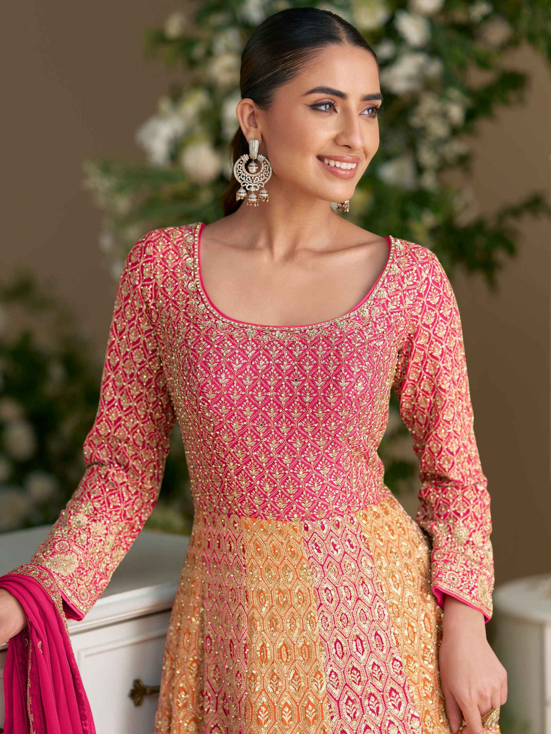 Pink-Yellow Ombre Georgette Heavy Embroidered Anarkali Gown