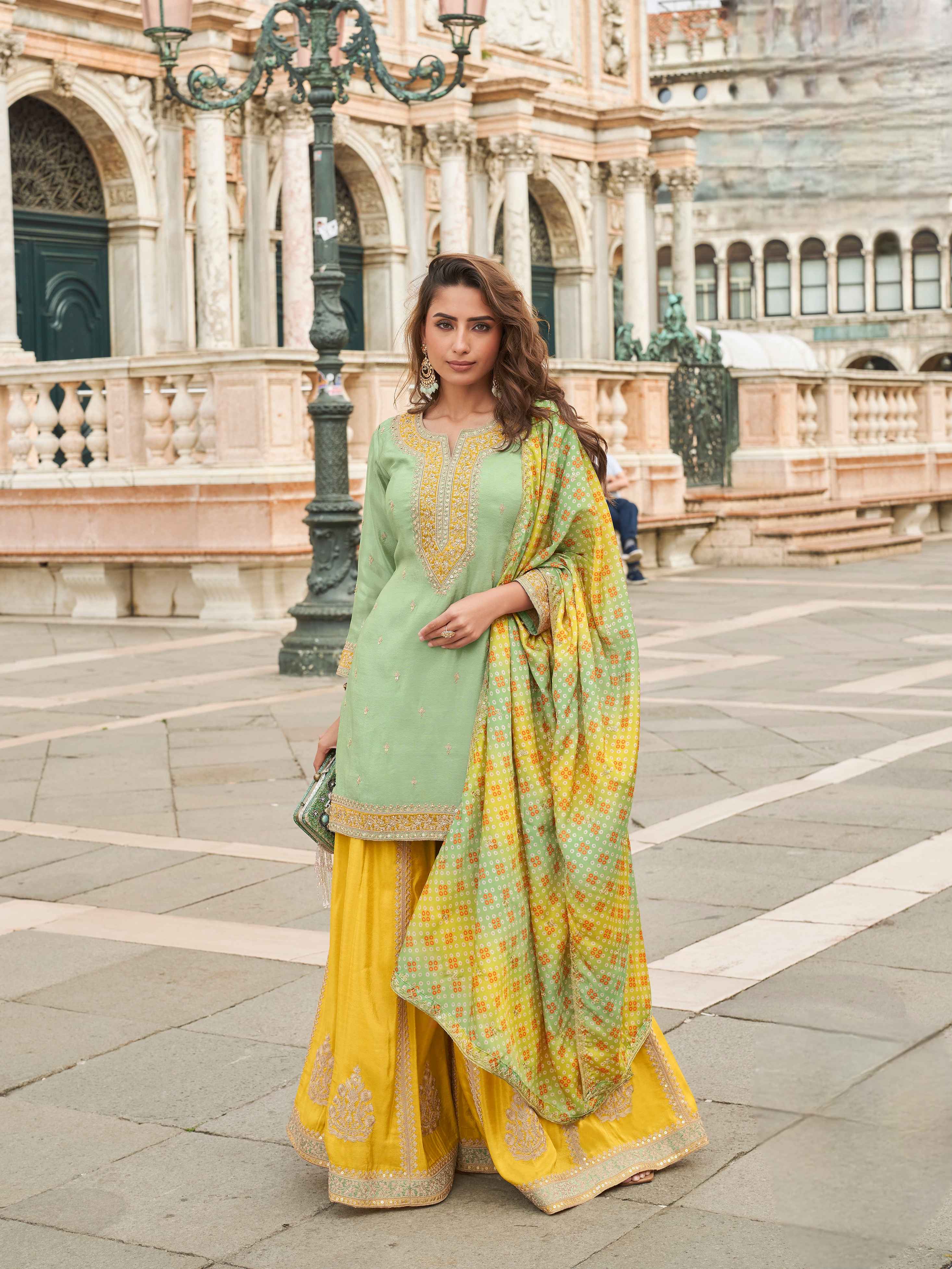 Mint Green & Yellow Embroidered Sharara Suit with Printed Dupatta Sharara Set Anant Tex Exports Pvt.Ltd..