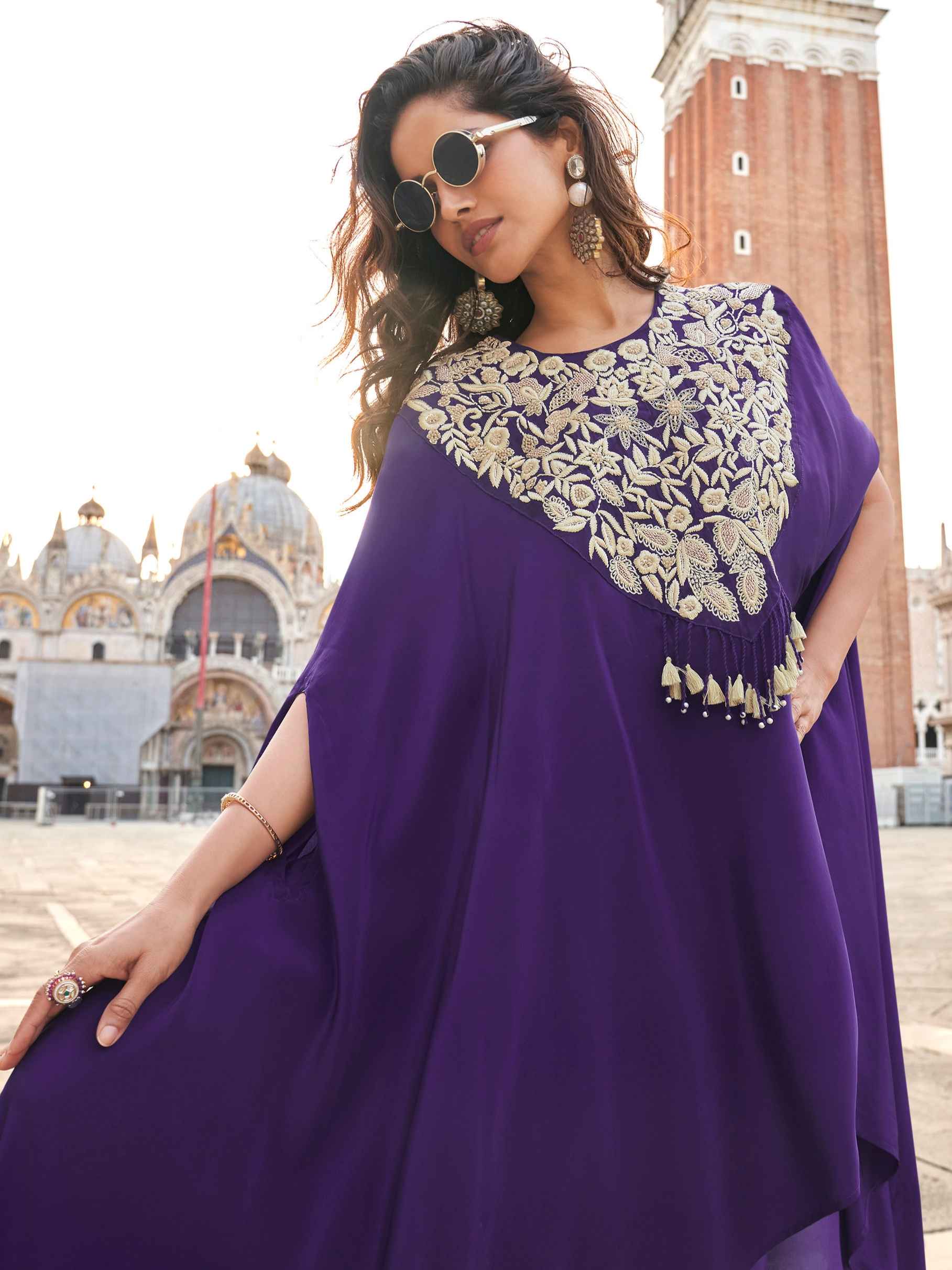 Royal Purple Hand Embroidered Chinon Silk Palazzo Suit Palazzo Suit Anant Tex Exports Pvt.Ltd..