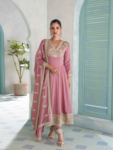 Pink Premium Silk Embroidered Anarkali Suit with Dupatta