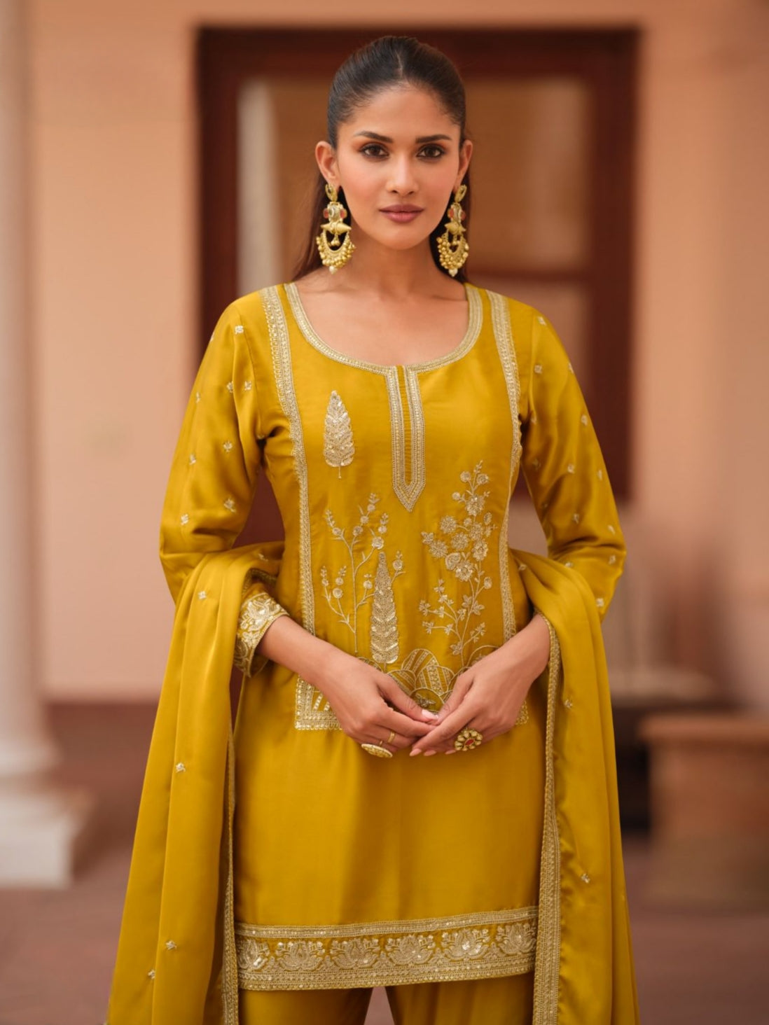 Mustard Yellow Silk Satin Sharara Suit with Heavy Embroidery Detailing