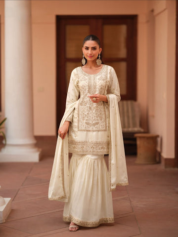 Off White Embroidered Silk Satin Sharara Suit with Dupatta