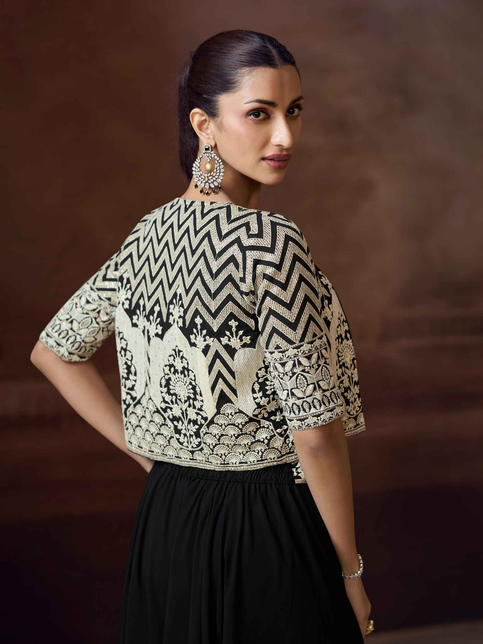 Black Chinon Silk Palazzo Suit with Embroidered Jacket Crop top palazzo set Anant Tex Exports Pvt.Ltd..