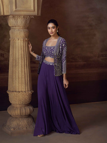 Purple Embroidered Jacket Palazzo Set