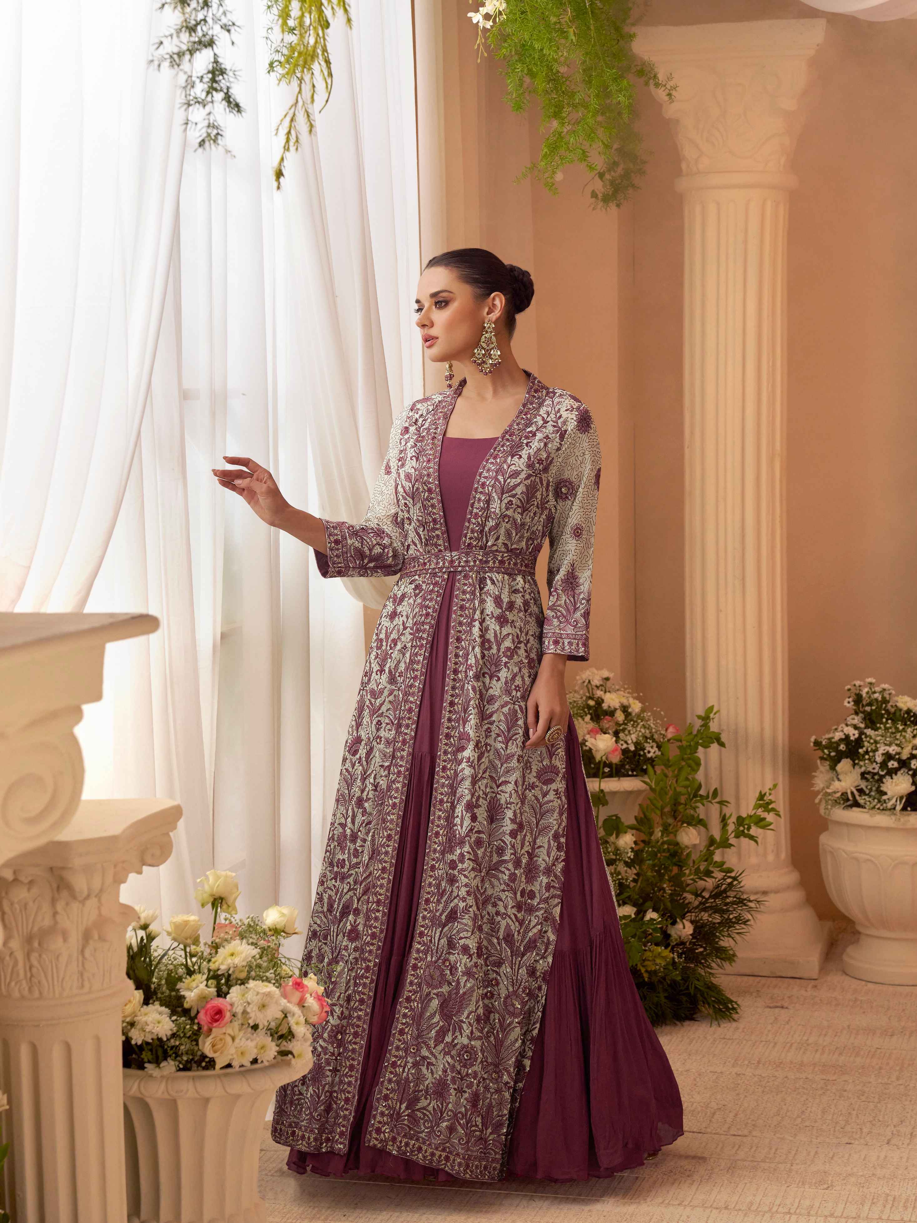 Wine Heavy Embroidered Jacket Gown Set in Premium Chinon Silk Jacket Suit Anant Tex Exports Pvt.Ltd..