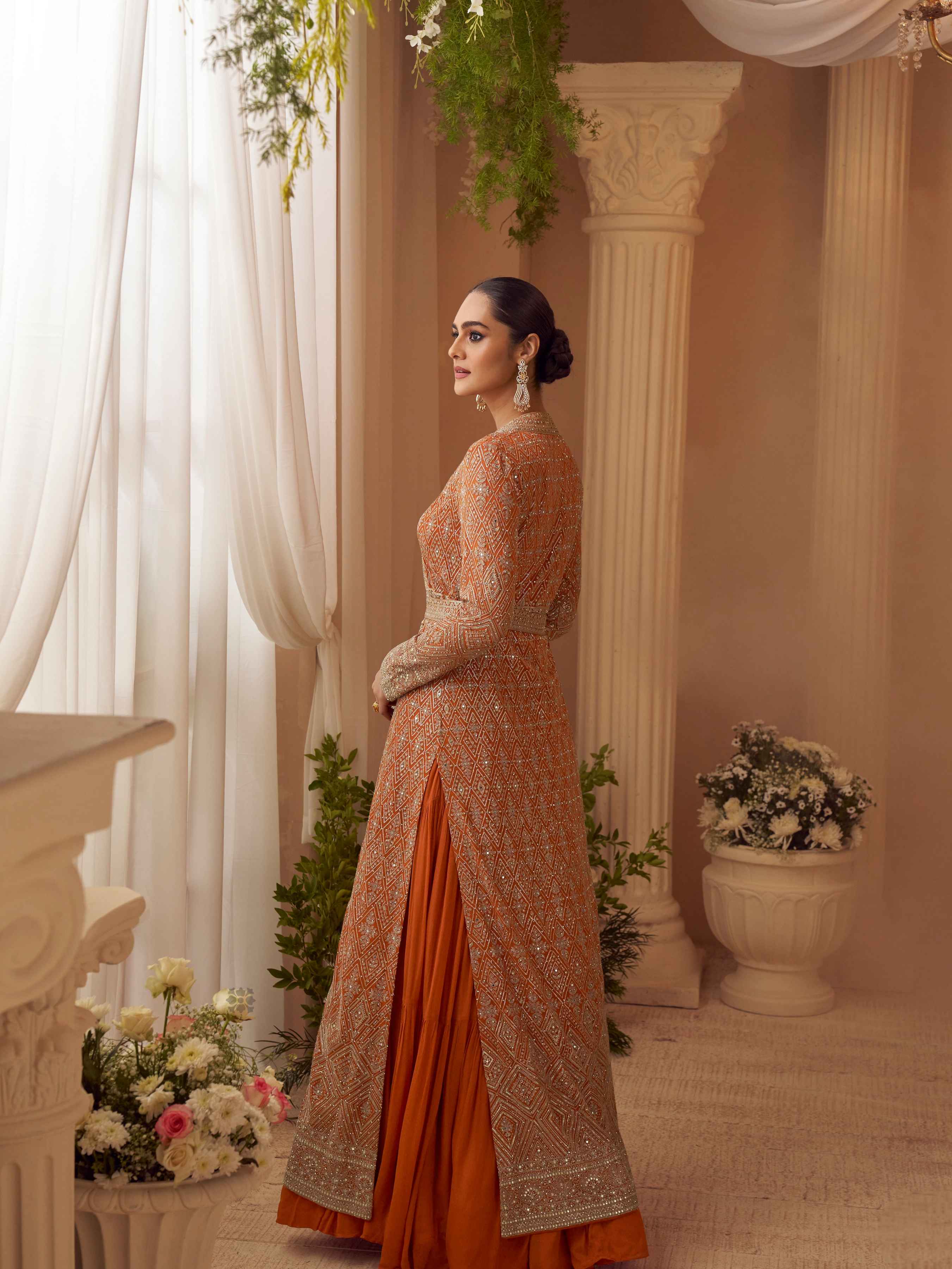 Rust Designer Embroidered Long Jacket Gown Set Jacket Suit Anant Tex Exports Pvt.Ltd..