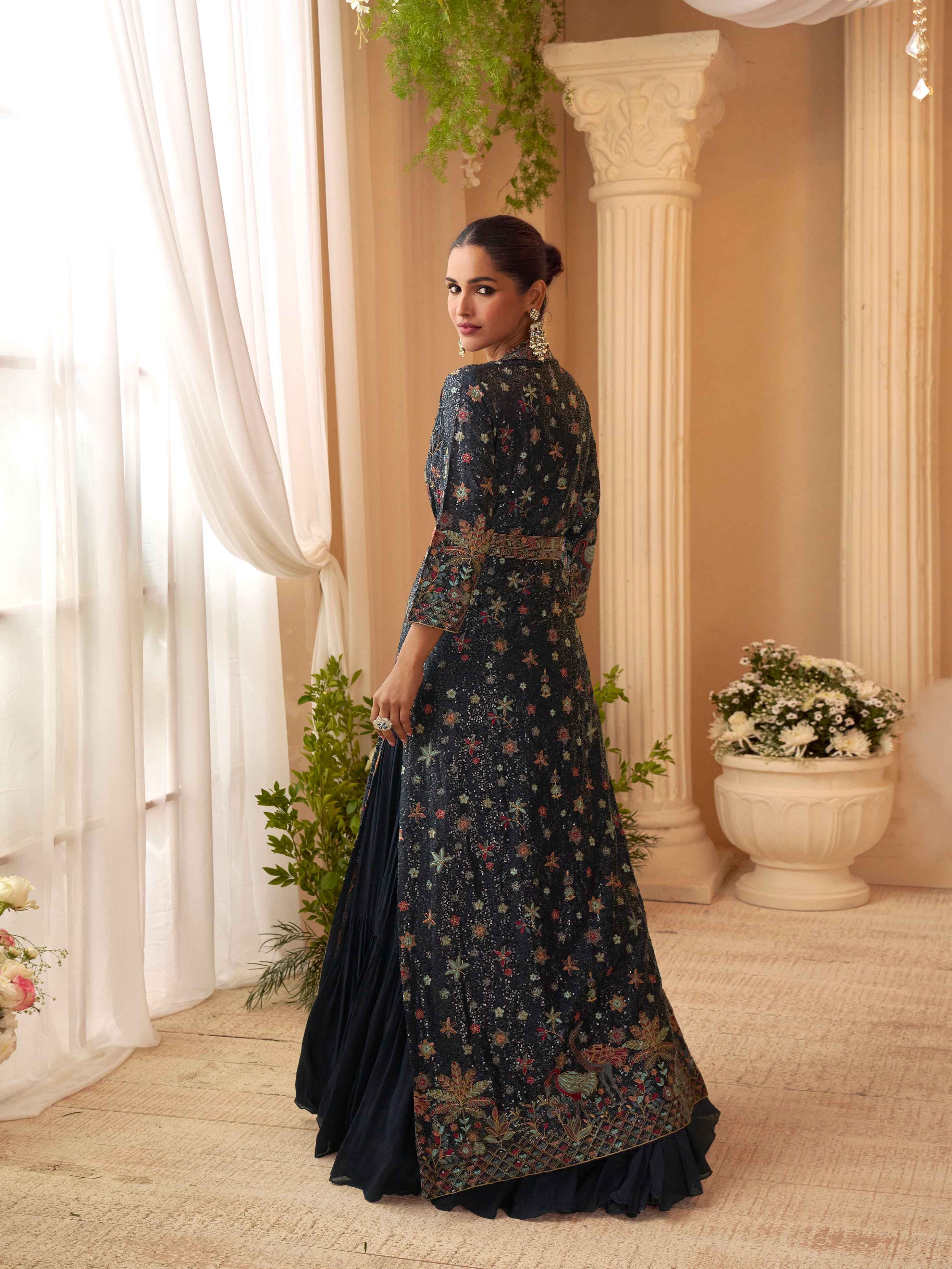 Navy Floral Embroidered Jacket Style Gown Set Jacket Suit Anant Tex Exports Pvt.Ltd..