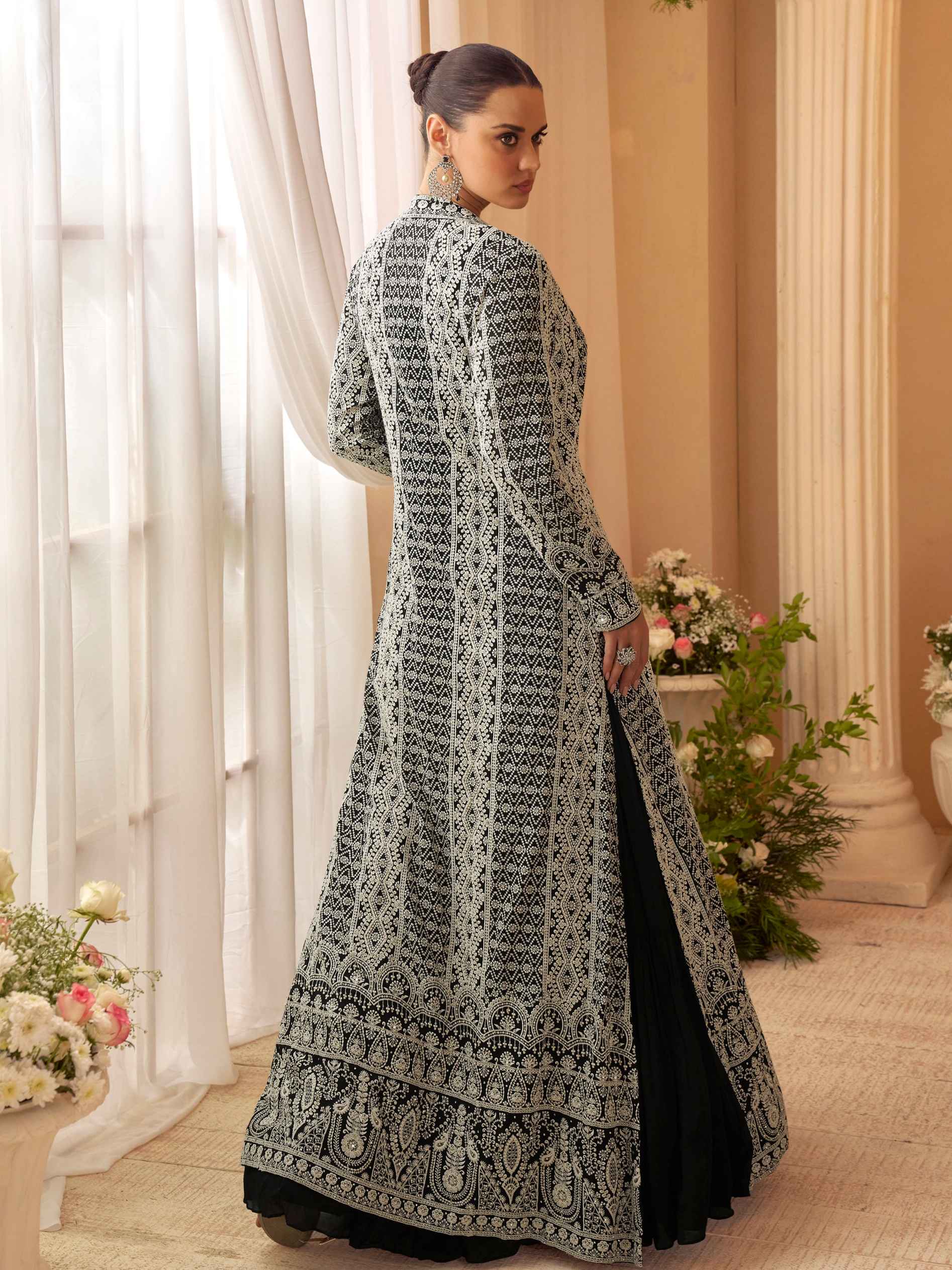 Black Gown with White Intricate Embroidered Jacket Set Jacket Suit Anant Tex Exports Pvt.Ltd..